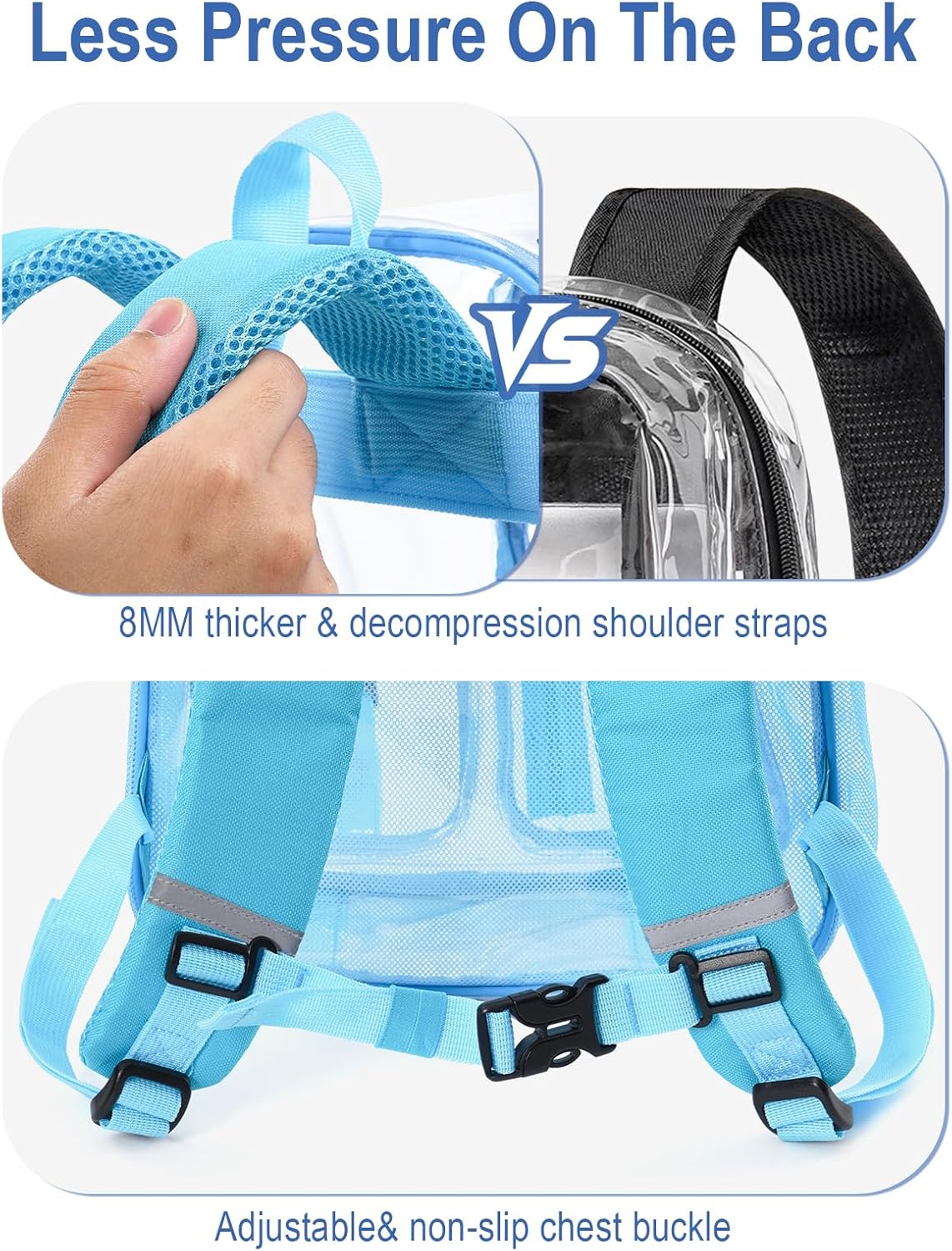 Heavy Duty Clear Backpack For School, 17 Inch Clear Bookbag For Kids Boys Girls Women Men, Large See Through Backpack With An Extra Pouch Accessories, Multi-Pockets Tranparent Bag, Light Blue