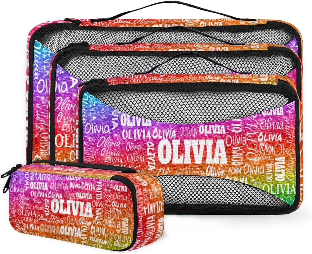 Personalized Name 4 Set Packing Cubes Luggage Packing Organizers Travel Accessories for Women Girls, Bright Colorful Rainbow Red Green Purple Sequins Glitter