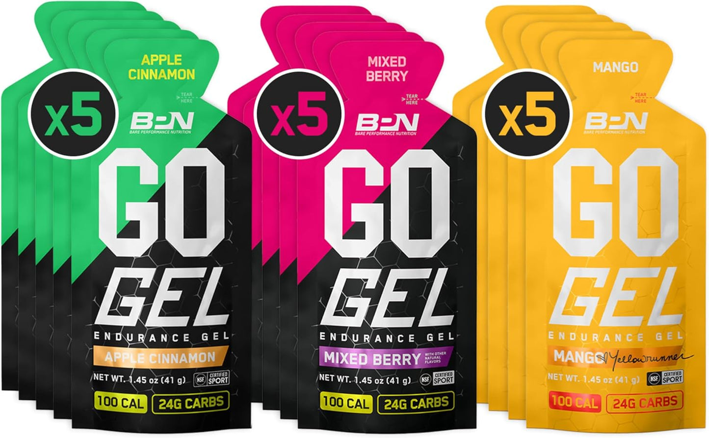 BARE PERFORMANCE NUTRITION, BPN Go Gel Endurance, 24g of Carbohydrates & 100 Calories per Pack, Vegan + Gluten Free Running Gel, 15 Single-Serving Variety Pack