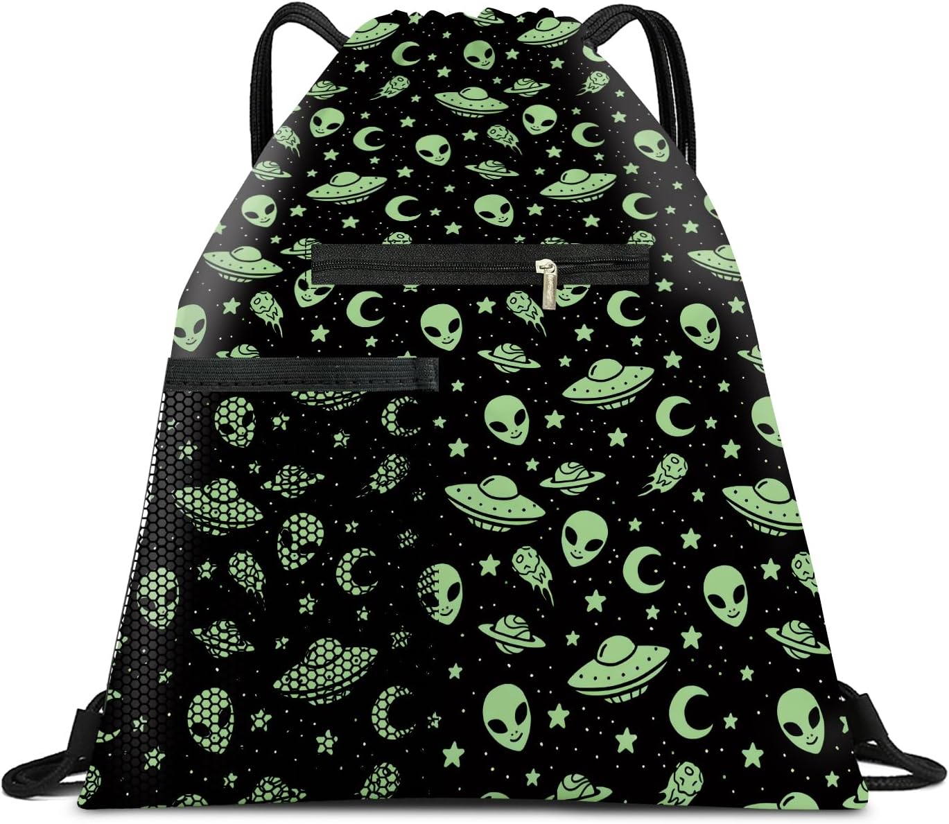 Drawstring Backpack Sports Gym Bag, Large String Swim Bag for Beach With Water Bottle Mesh Pocket, Cute Gym Sack with Zipper Pocket for Men Women Cute Green Alien