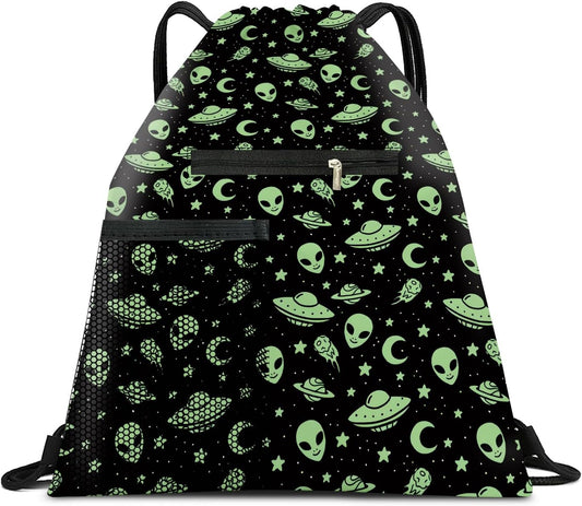 Drawstring Backpack Sports Gym Bag, Large String Swim Bag for Beach With Water Bottle Mesh Pocket, Cute Gym Sack with Zipper Pocket for Men Women Cute Green Alien