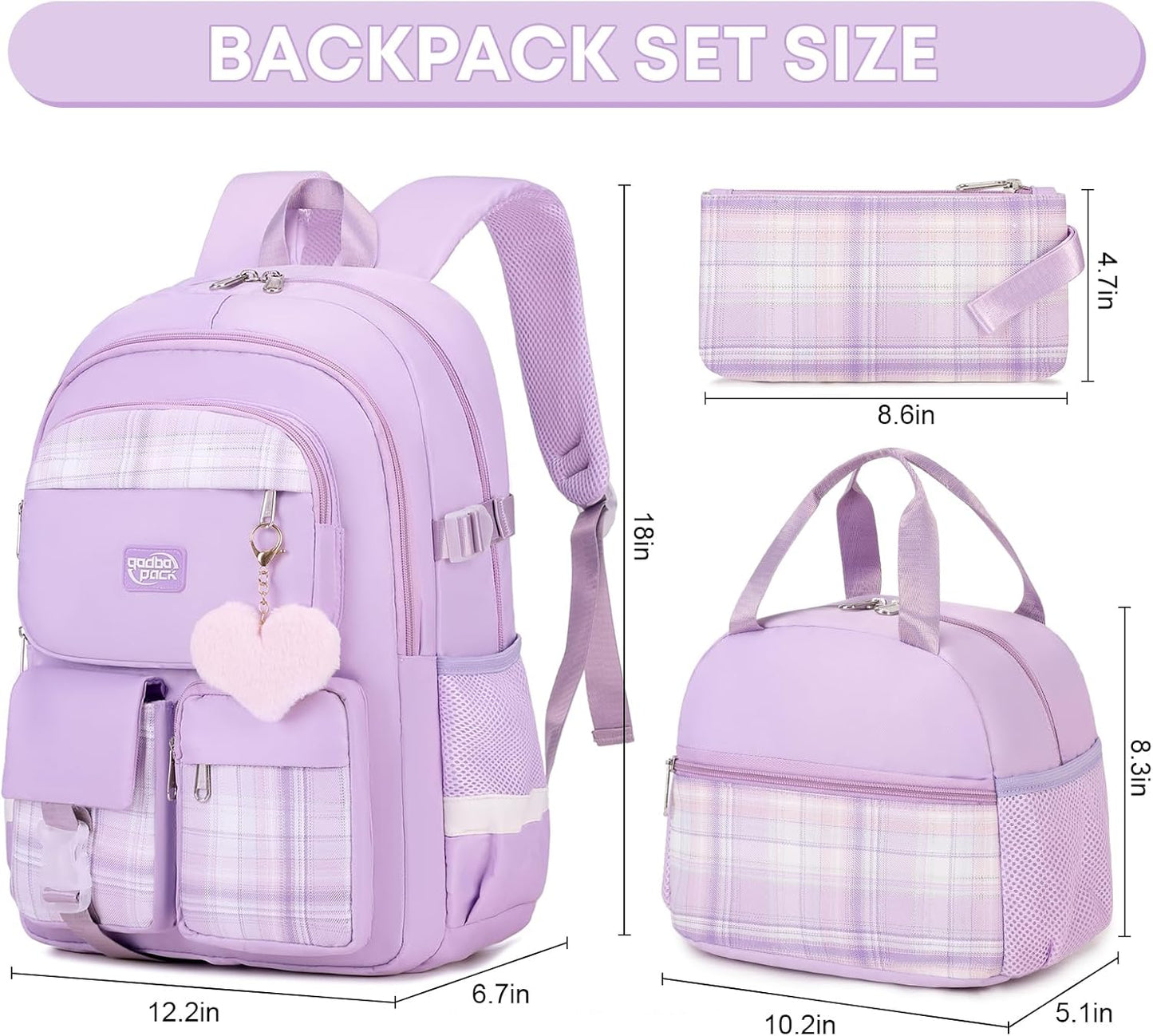 3PCS School Backpack For Student Women College Middle High Teen Girls Bookbag Waterproof Laptop Bag Plaid Purple