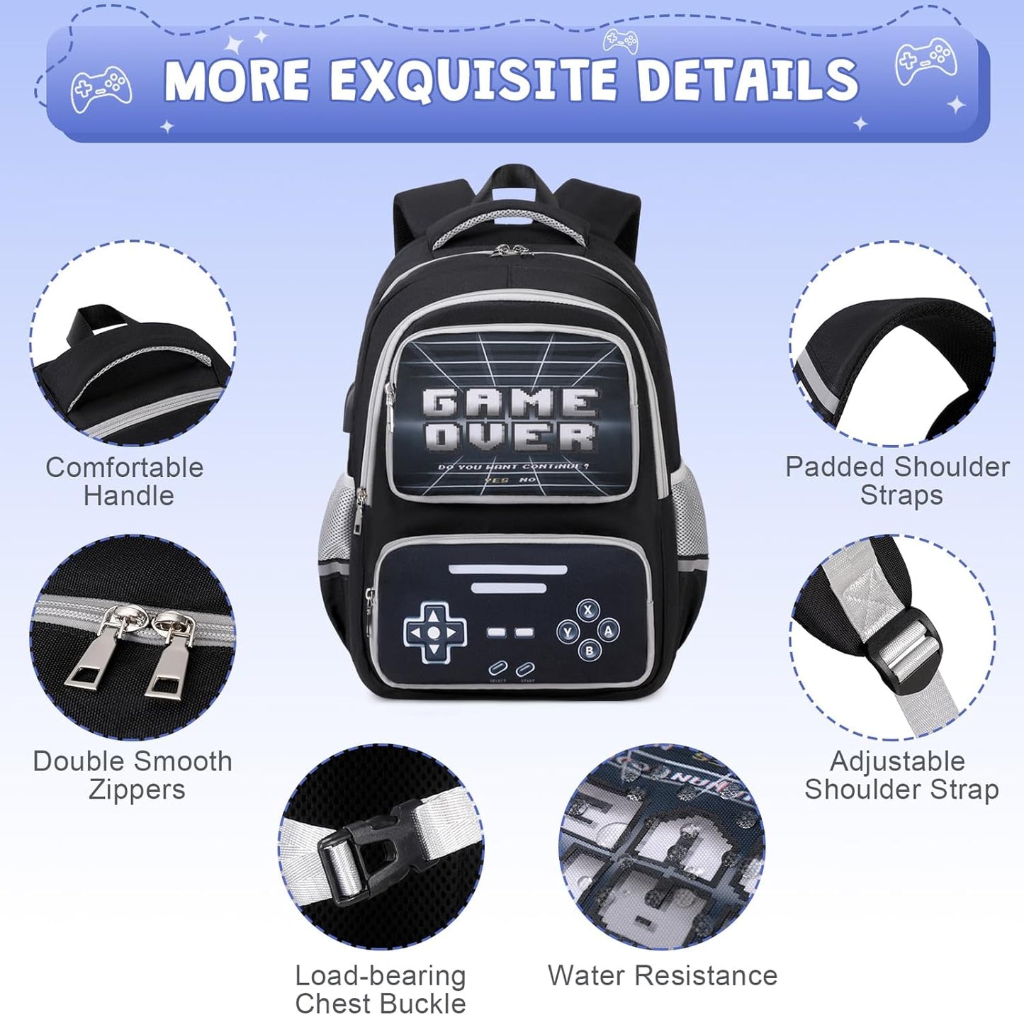 Gamer Backpack for Boys - Cool Luminous School Bag with Lunch Bag Pencil Case - Kids Backpack Elementary Middle School Book Bags for Teen Boys with USB Charging Port (Black Grey)