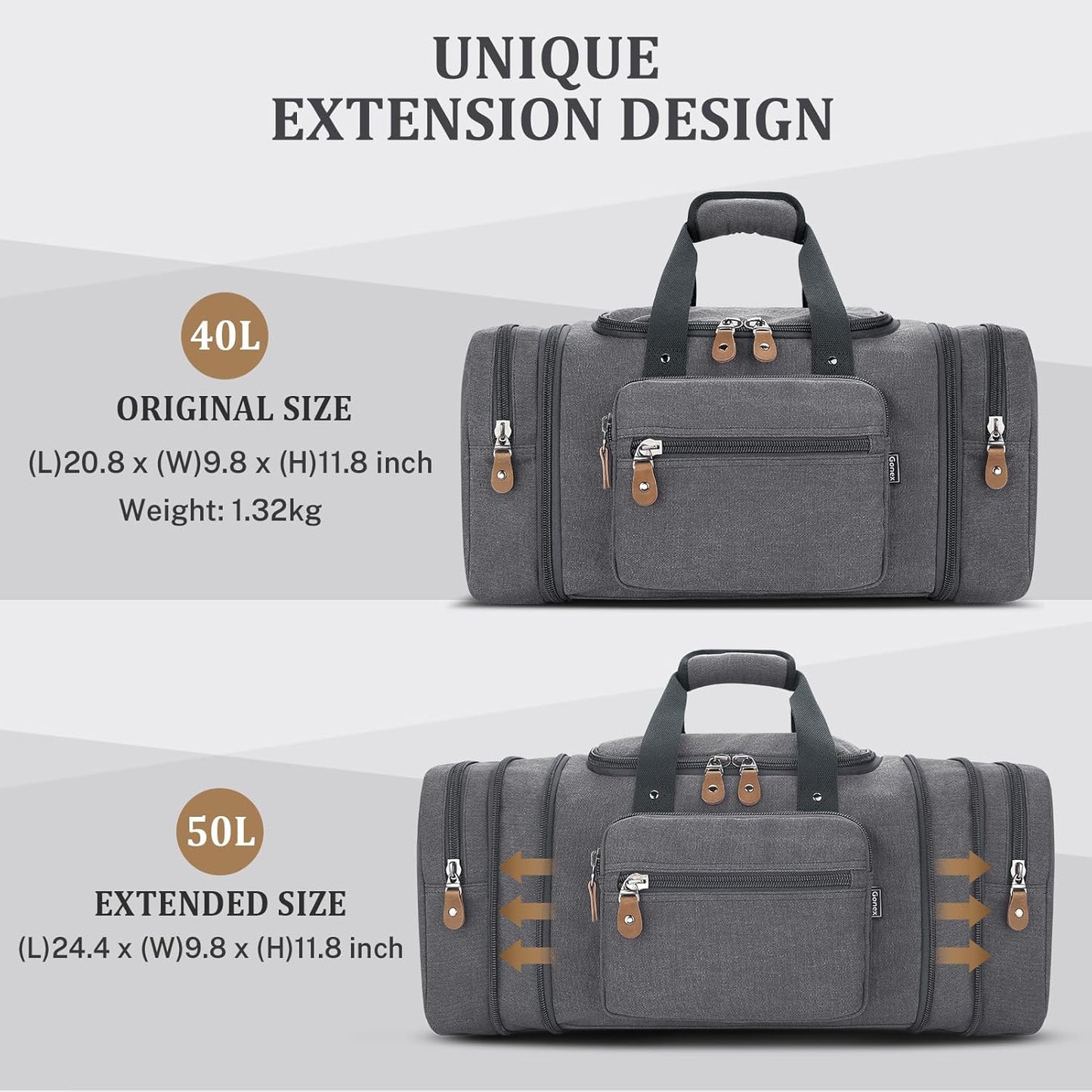 Gonex Canvas Duffle Bag for Travel 50L Expandable Duffel Weekend Overnight Bag men (Gray)