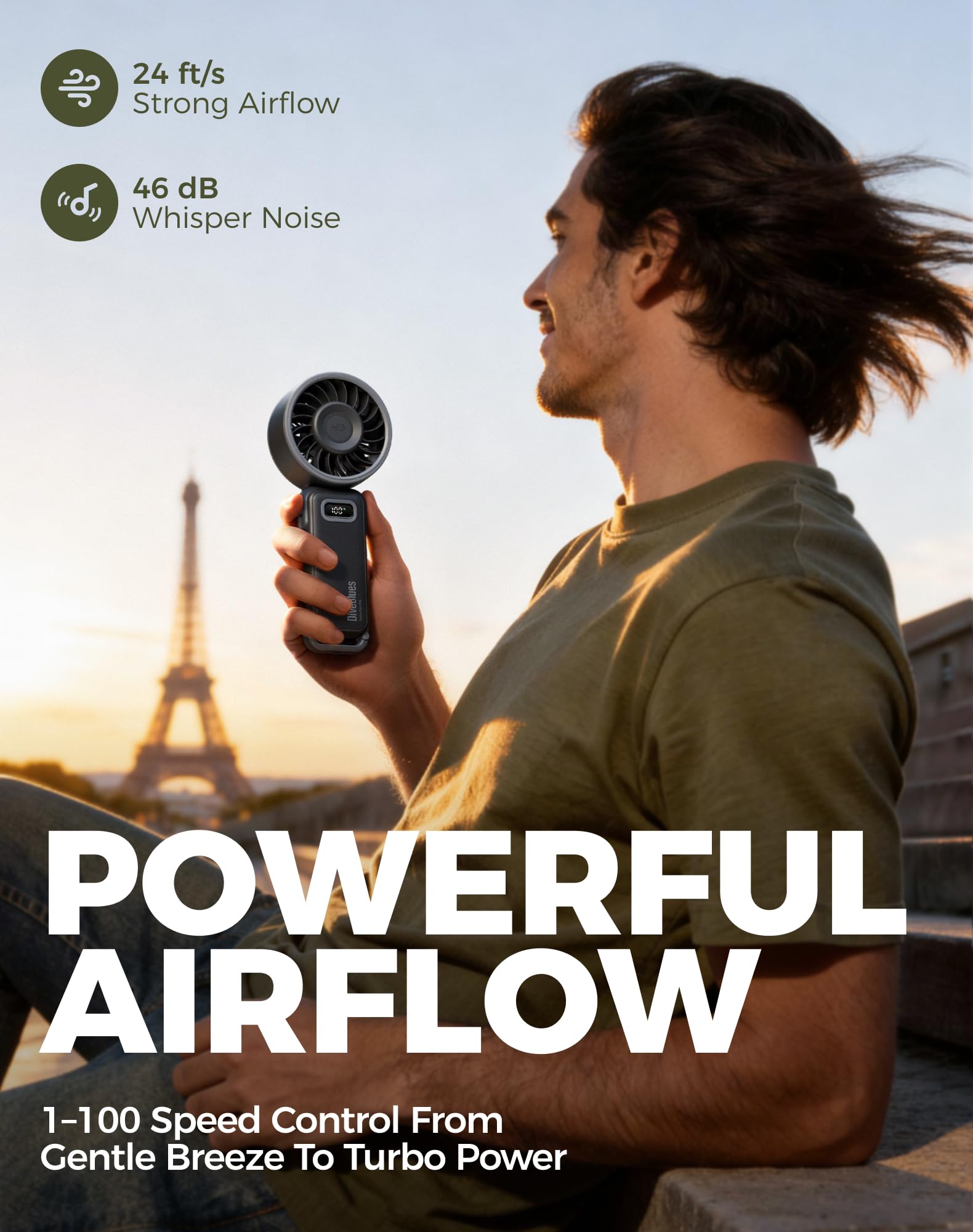 Diveblues Portable Turbo Fan, 100 Speed Handheld Fan with Strong Airflow, Foldable 4 in 1 Personal