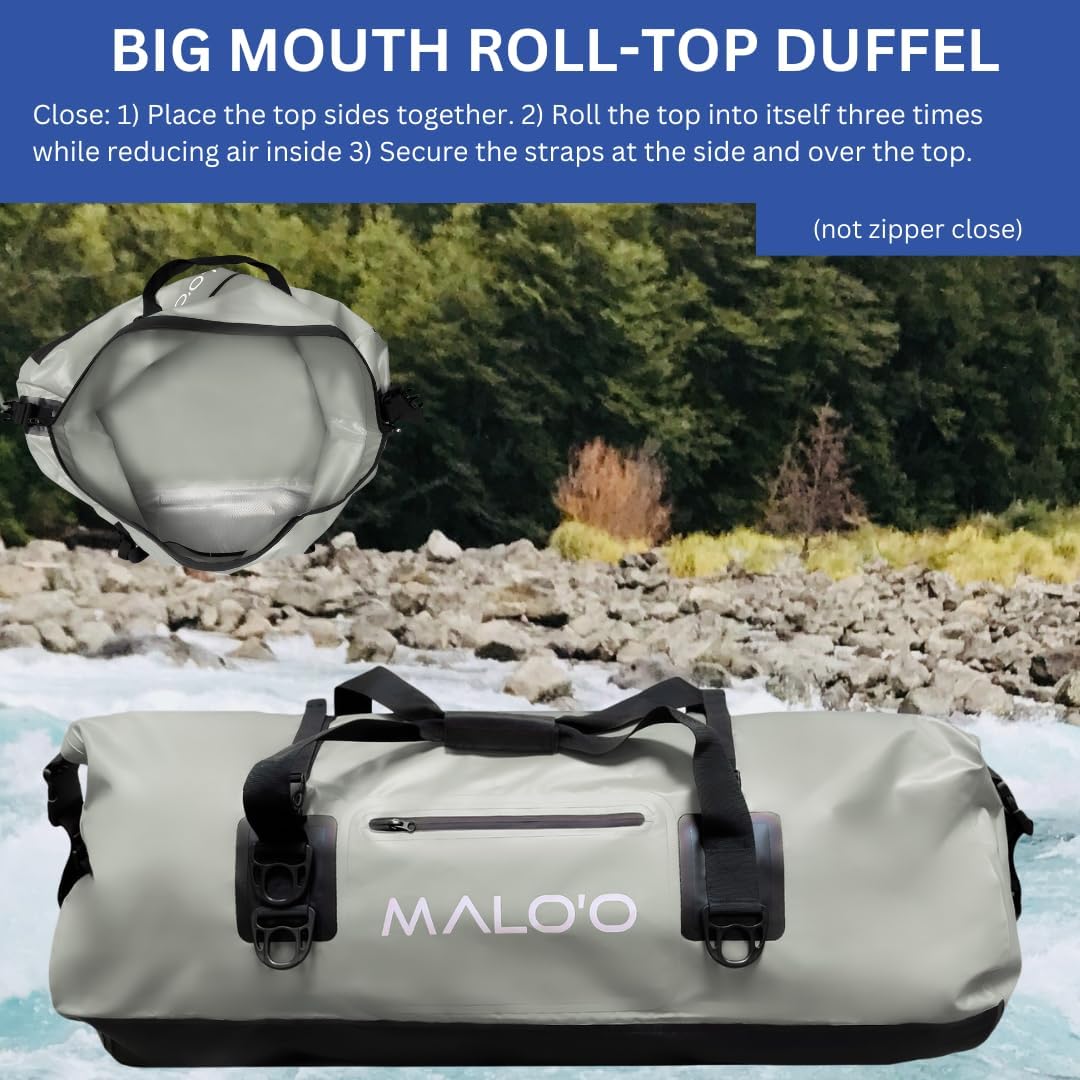 Malo’o Waterproof Dry Duffel, Heavy-Duty Roll Top Waterproof Gear Bag with Shoulder Strap & Molle Loops, Marine Duffel for Kayaking, Boating, Camping, Beach & Travel, Grey, 100L