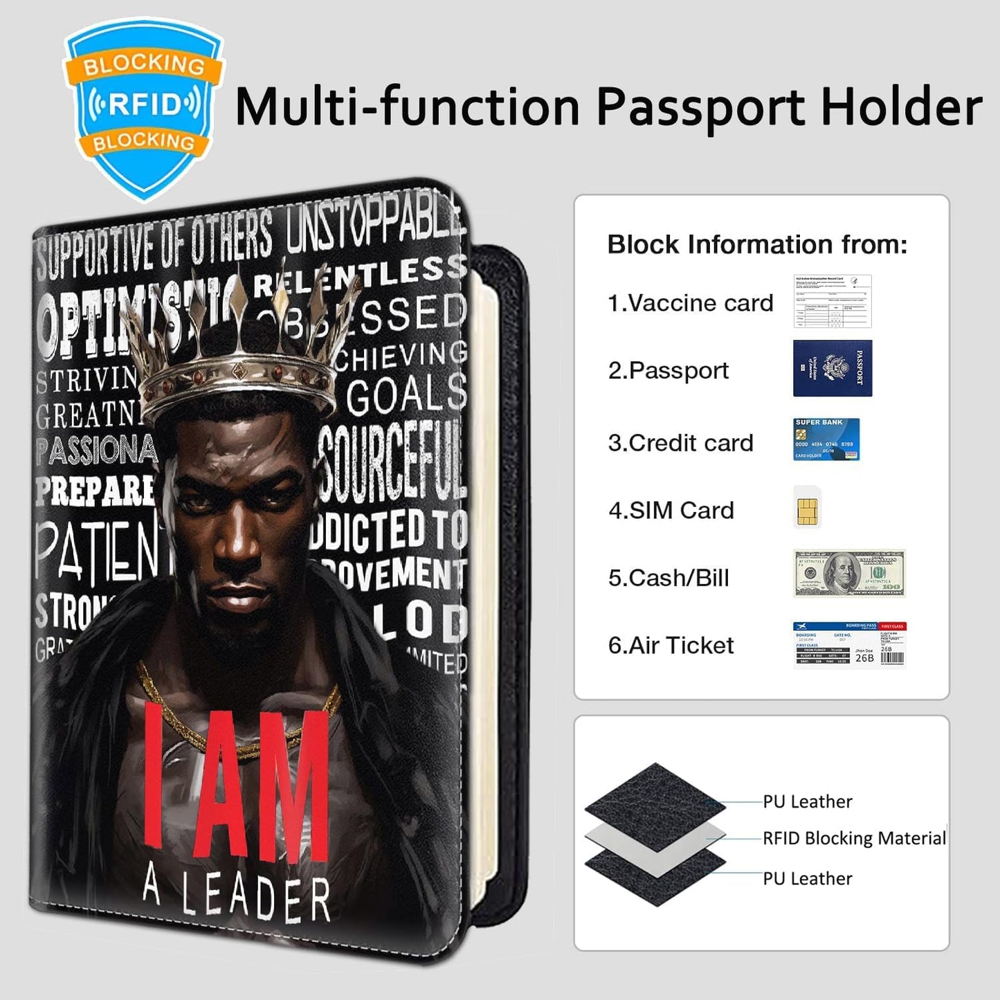 Passport Holder Women Wallet with Luggage Tag, Leather Passport Cover with RFID Blocking, Travel Accessories Multi Card Slot Passport Case for Men，Black Crown King