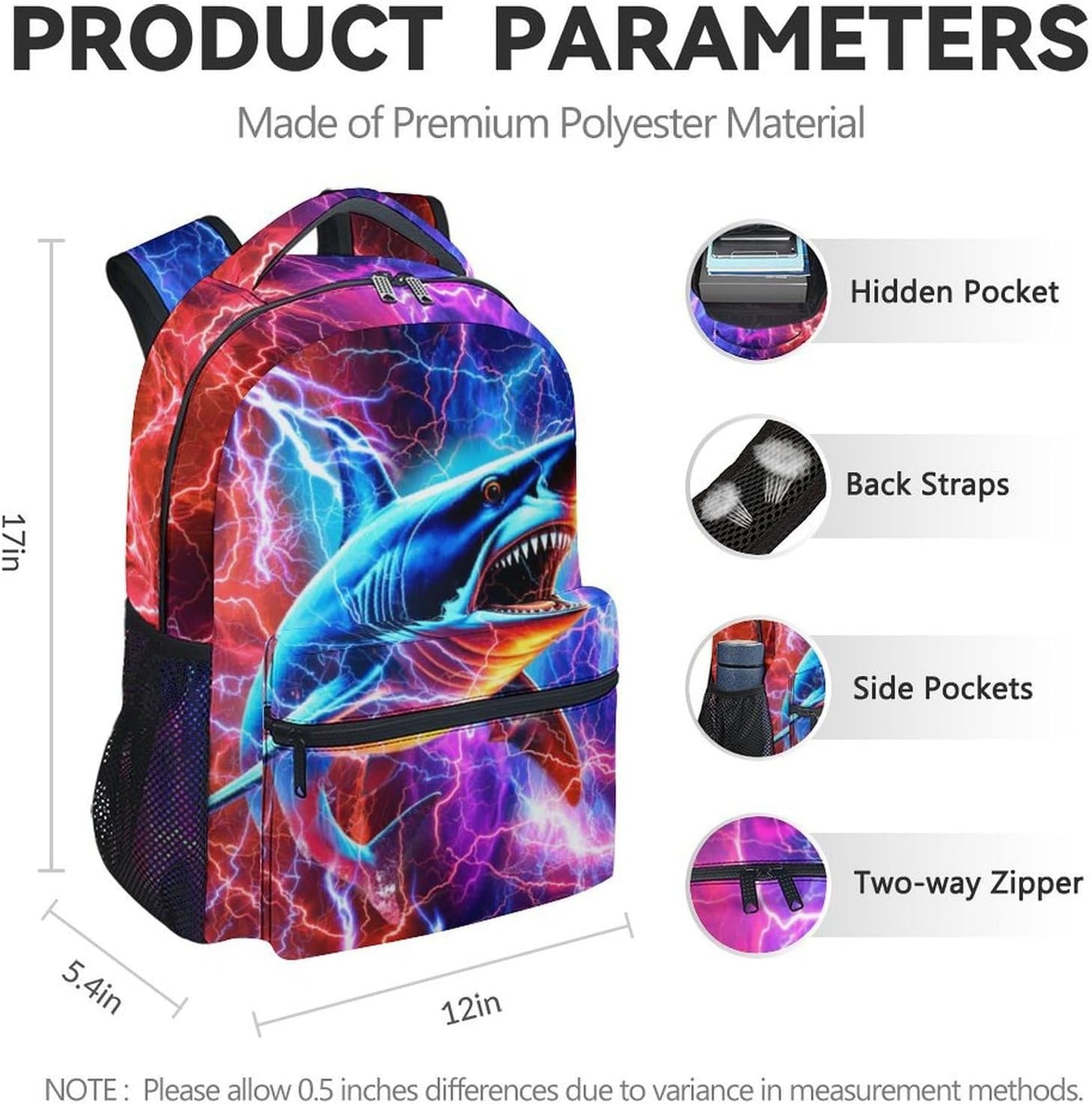 Kids Backpack for Boys - Shark Backpacks for Elementary School, Preschool - 17 Inch Large Capacity Students Bookbag for Travel, Outdoor