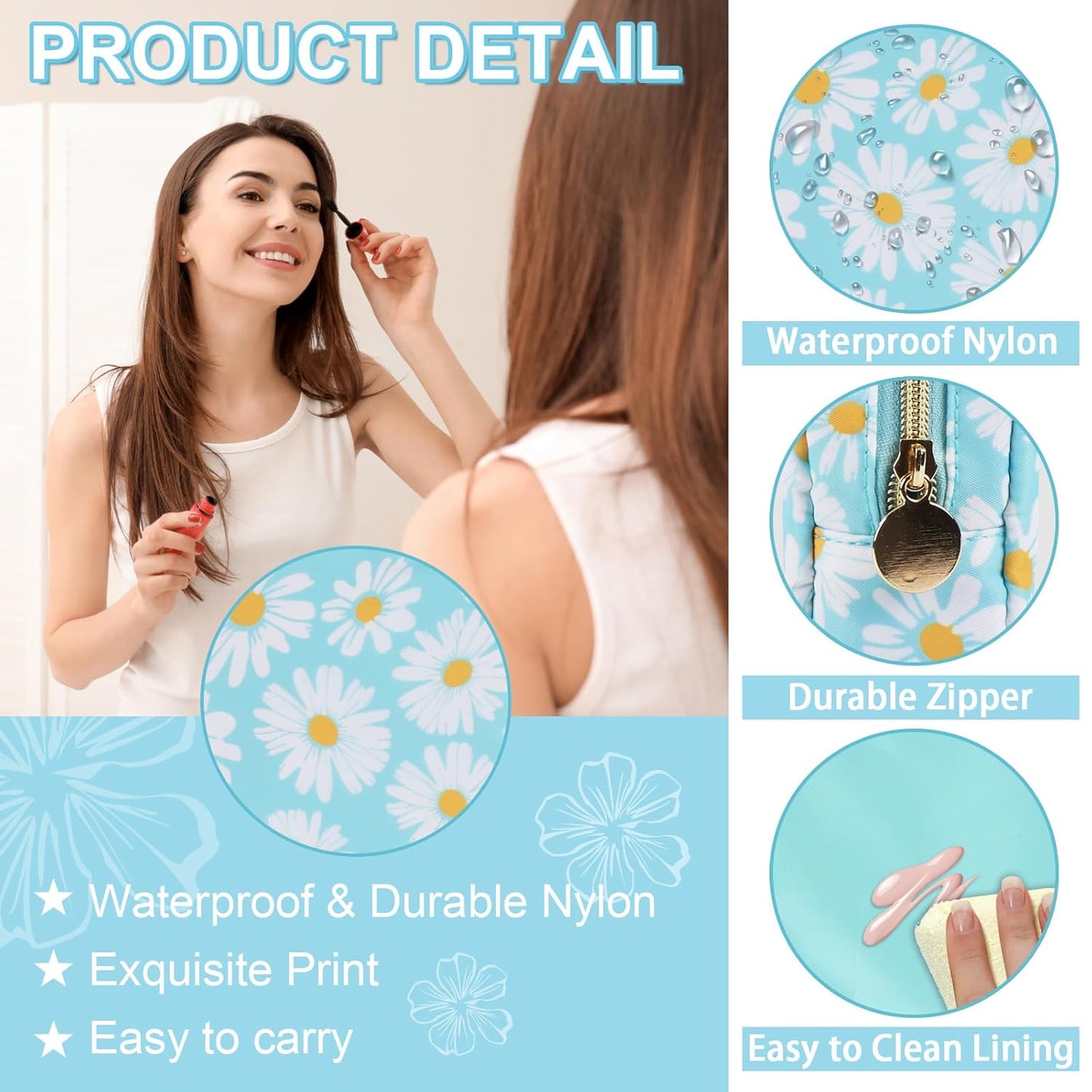 Waterproof Small Floral Makeup Bag Pouch for Purse,Nylon Flower Cosmetic Bag Preppy Travel Toiletry