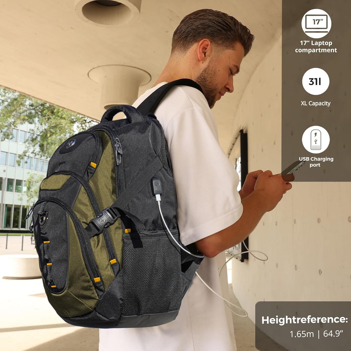Swissdigital Design Laptop Backpack with USB Charging Port, Travel Backpack Fits 15.6 inches Computer, 31L College School Backpack for Men, Olive/Black | SD803-26