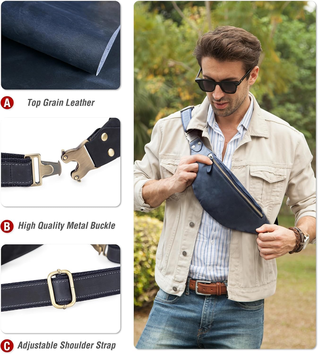 Slim Genuine Leather Waist Pack for Men Women Vintage Crossbody Fanny Pack Travel Riding Detachable Belt Bag (Vintage Blue)