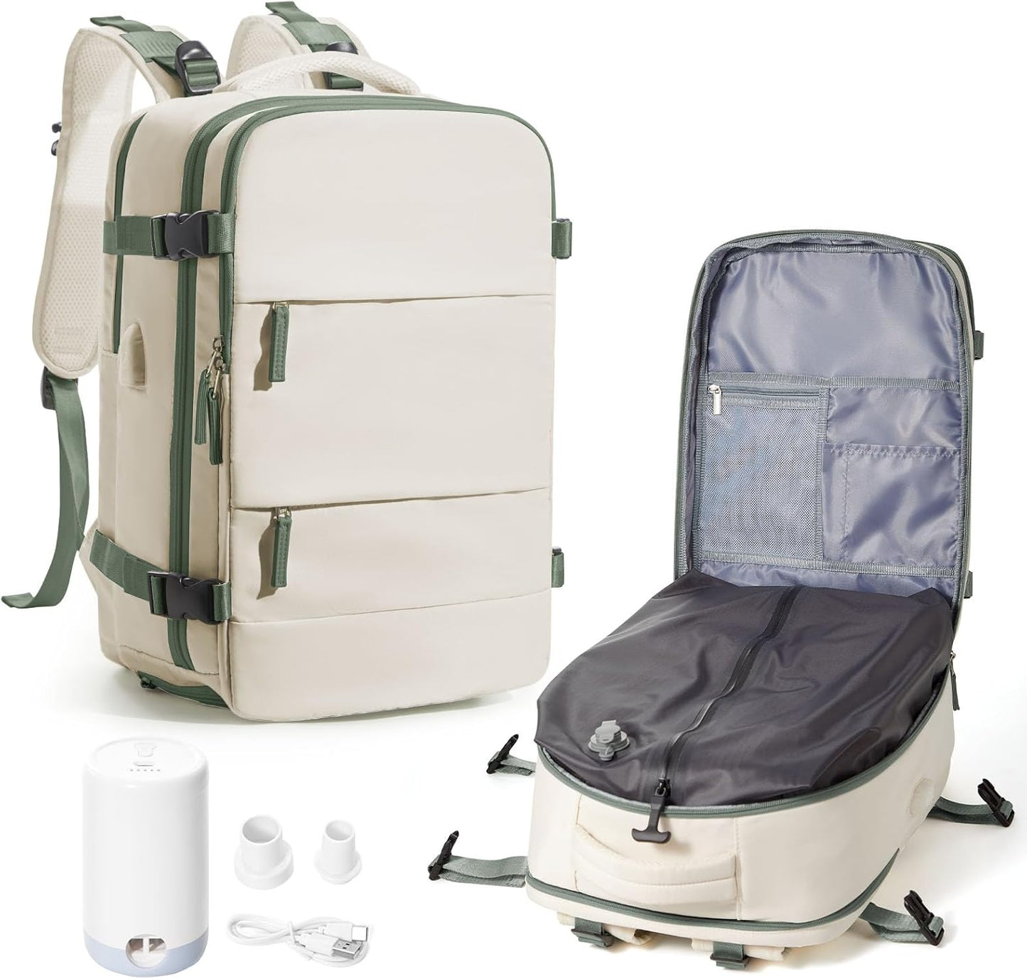 Vacuum Backpack Travel with Pump for Women,Flight Approved 18x14x8 inches,Travel Backpack with Vacuum System,15.6 Inches Laptop Bag,Rice White with Green