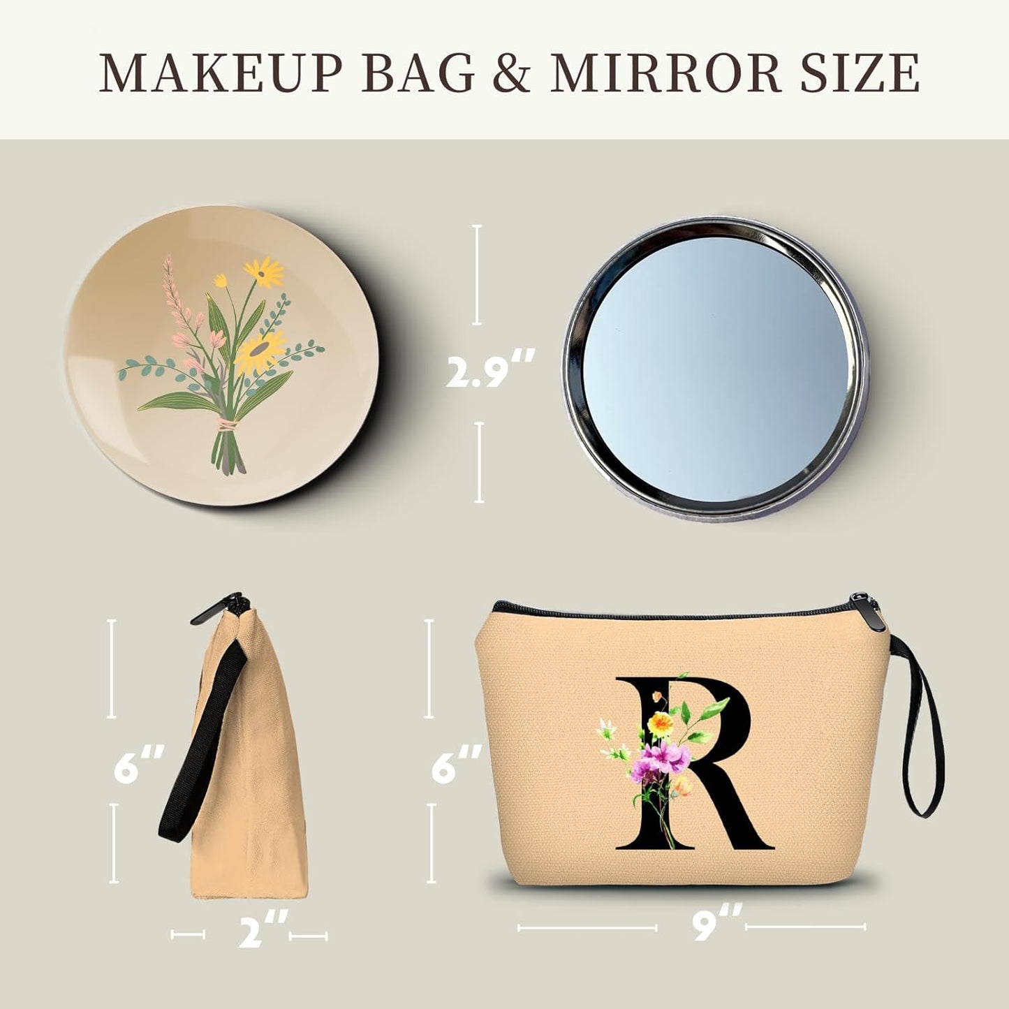 Women Birthday Maid of Honor Monogrammed Gifts for Bride Bridesmaid Sister Friend Her Teacher Makeup Cosmetic Bag with Mirror Mothers Day Christmas Graduation R