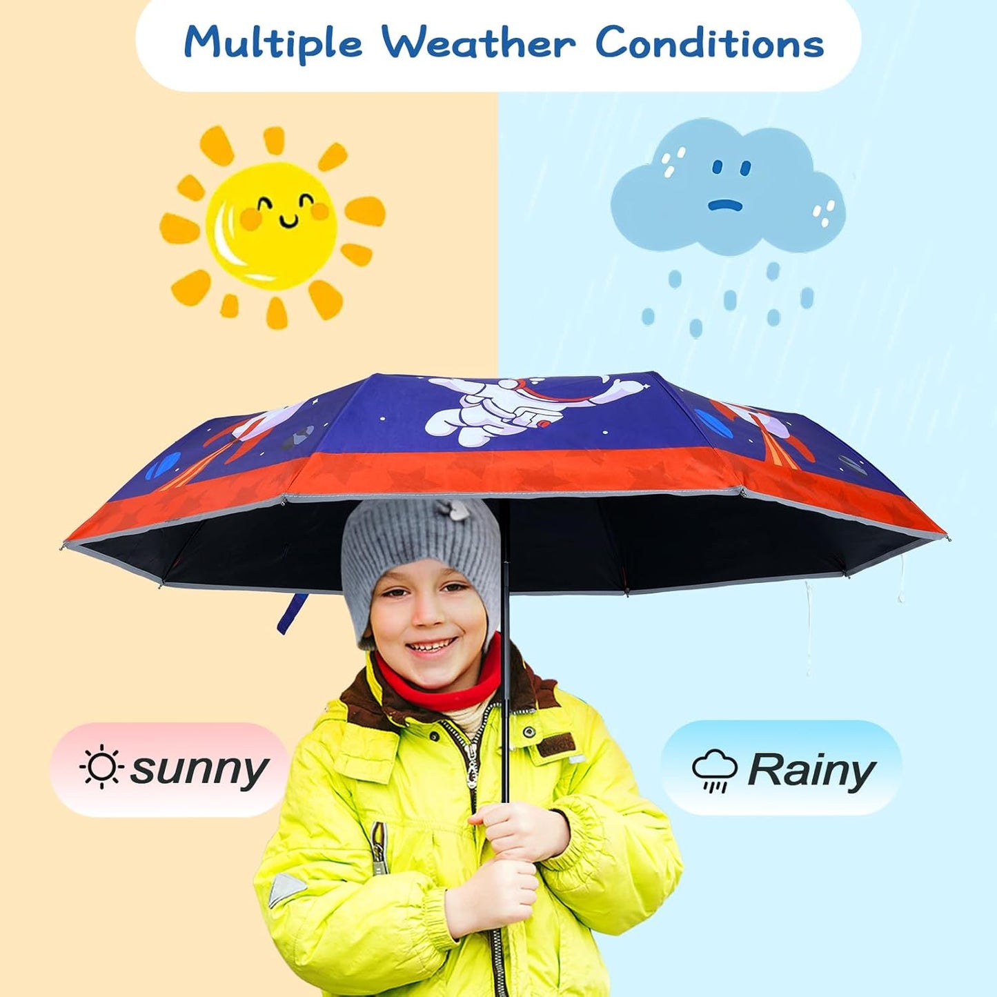 Kids Folding Umbrella Auto Open/Close Anti-rebound Safe Design UV Resistant Automatic Children Travel Umbrellas 8 Rib Reinforced Canopy 360° Reflective Strip Lightweight Cute Umbrella for Girls & Boys