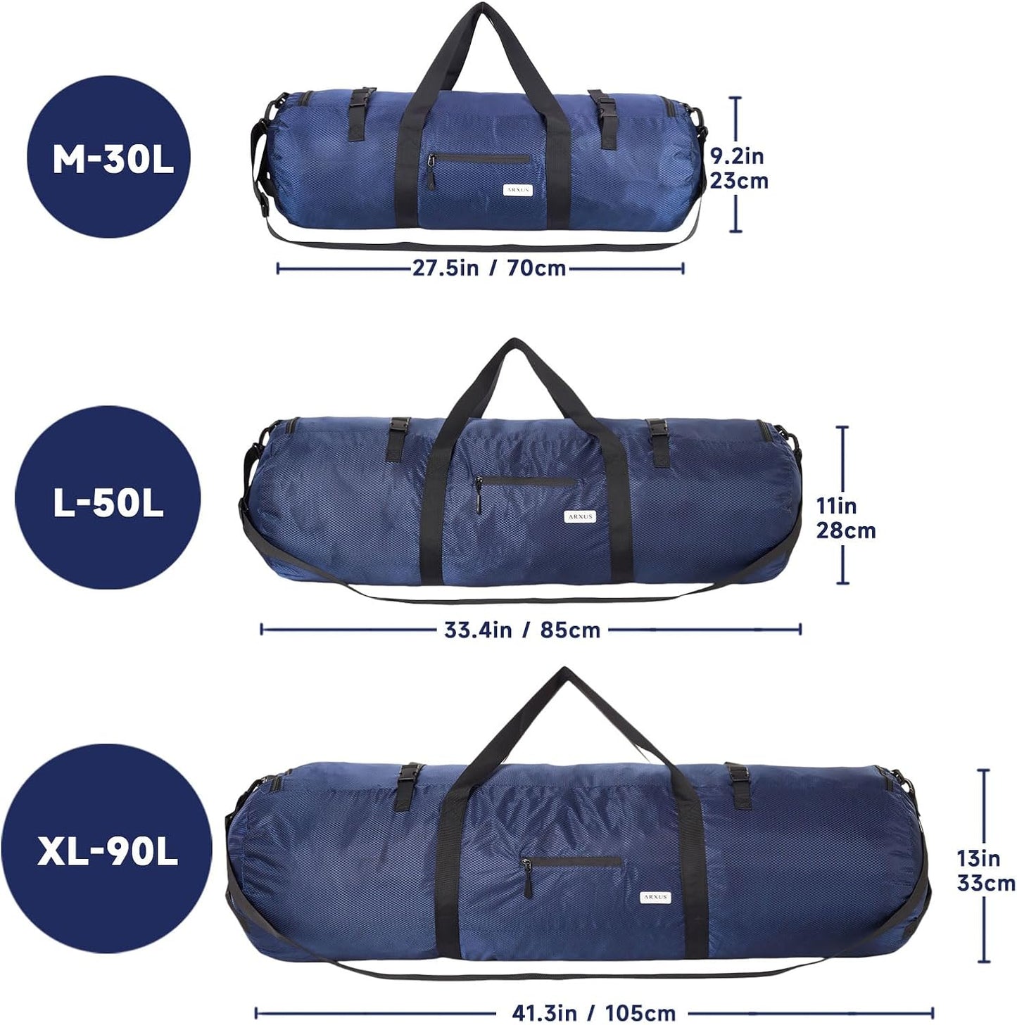 Arxus Extra Large Duffle Bag for Travel Gym 90L 50L 30L Baseball Bat Sports Duffel Bags for Men with Shoulder Strap, Tent Storage Camping