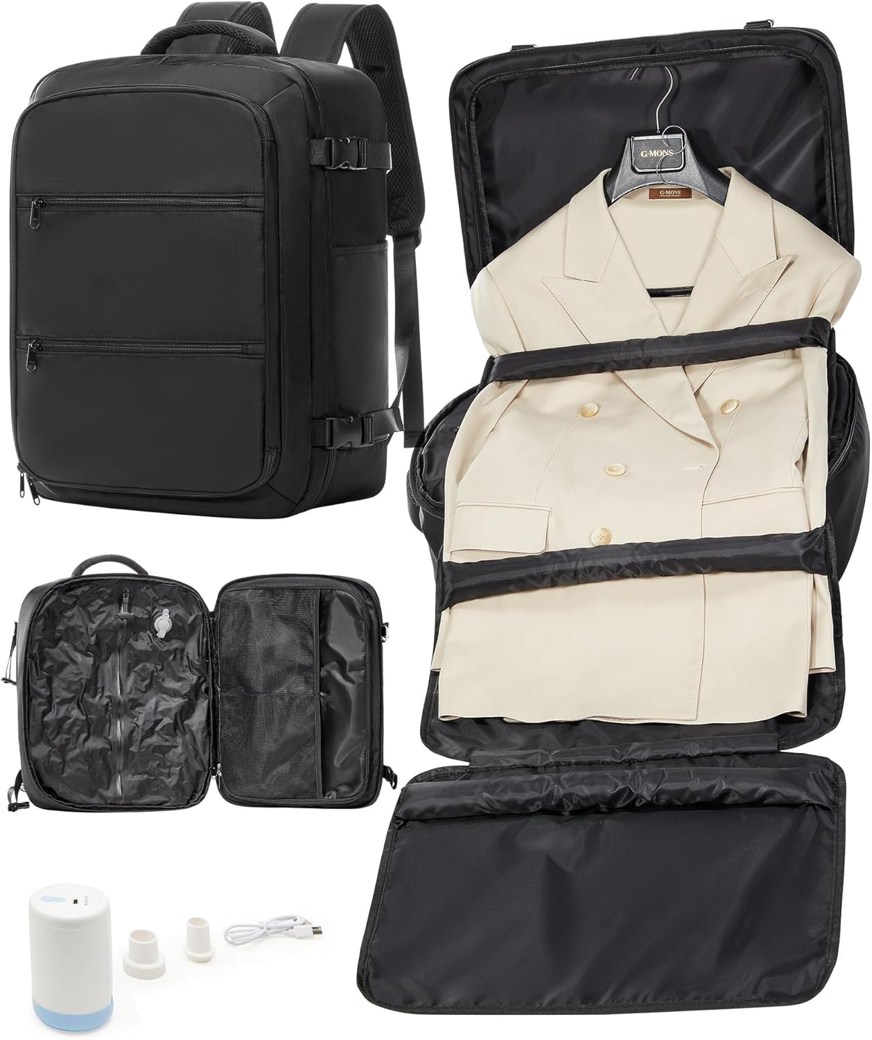Large Garment Backpack for Travel, Vacuum Backpack Travel with Pump,Wrinkle Free Suit Carrier Backpacks for Men, Carry-on 18×14×8 Personal Item Frontier Approved 15.6" Laptop Bag for Business, Black