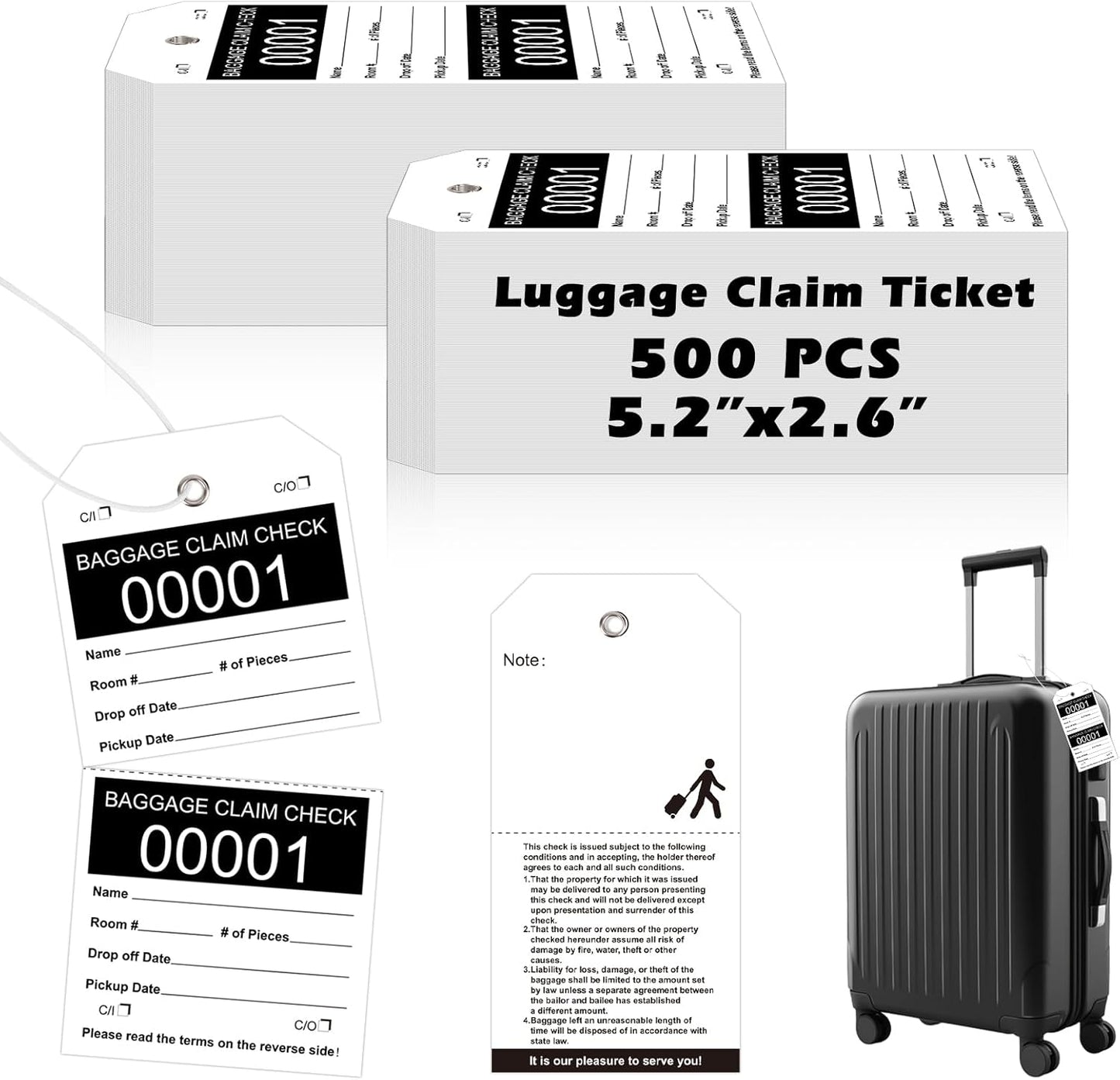 500 Pcs Baggage Claim Tag Hotel Luggage Tag Bulk with White String Paper Baggage Claim Check Tags Perforated Claim Ticket Black Luggage Id Tickets Serial Numbering for Hotel Motel Bag Storage