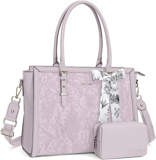 MOSISO Laptop Bag for Women, PU Leather Tote Bag, Front Embossed Retro Hibiscus Computer Bags with Silk Scarf&Clutch Purse
