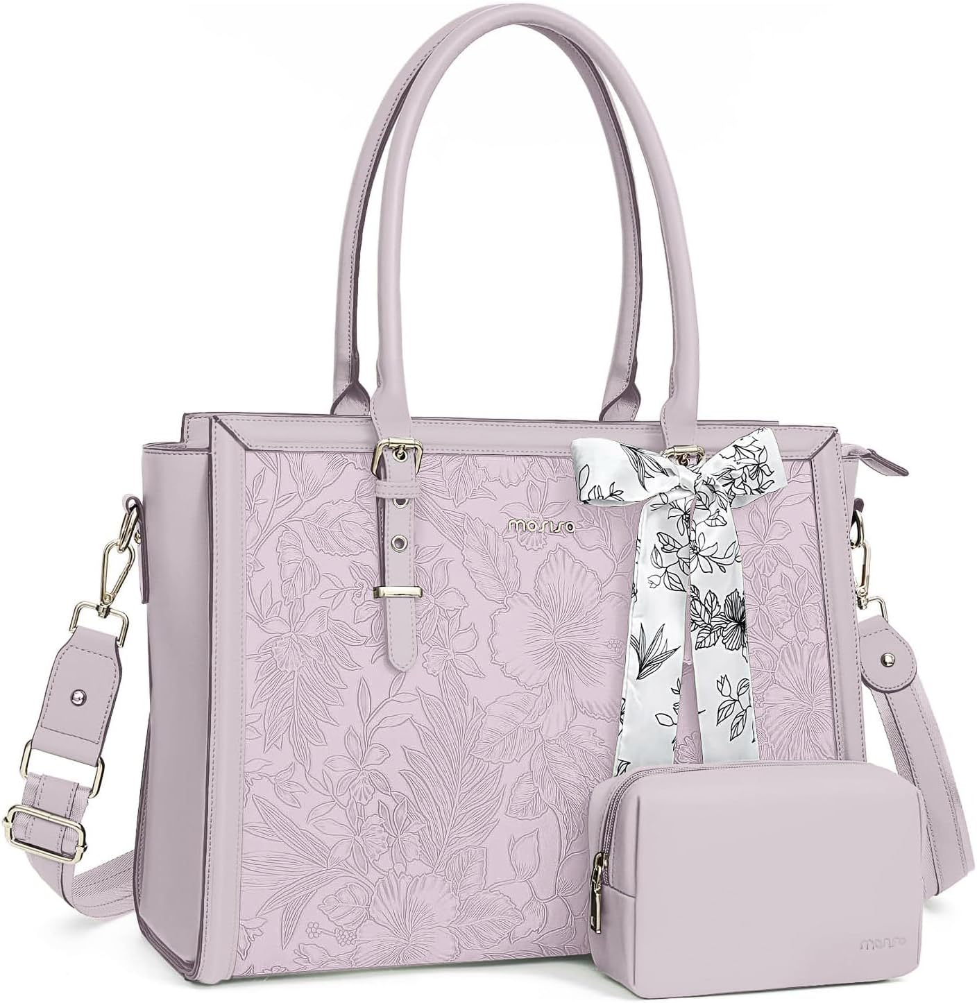 MOSISO Laptop Bag for Women, PU Leather Tote Bag, Front Embossed Retro Hibiscus Computer Bags with