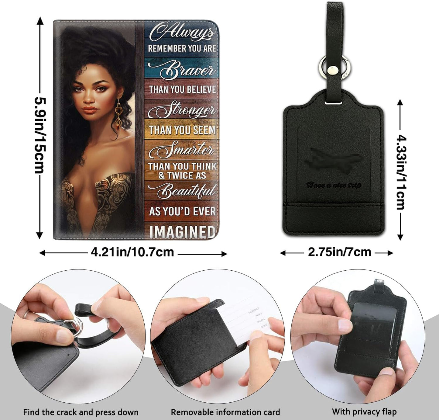 Passport Holder Women Wallet with Luggage Tag, Leather Passport Cover with RFID Blocking, Travel Accessories Multi Card Slot Passport Case for Men，African Girls Inspirational Quotes