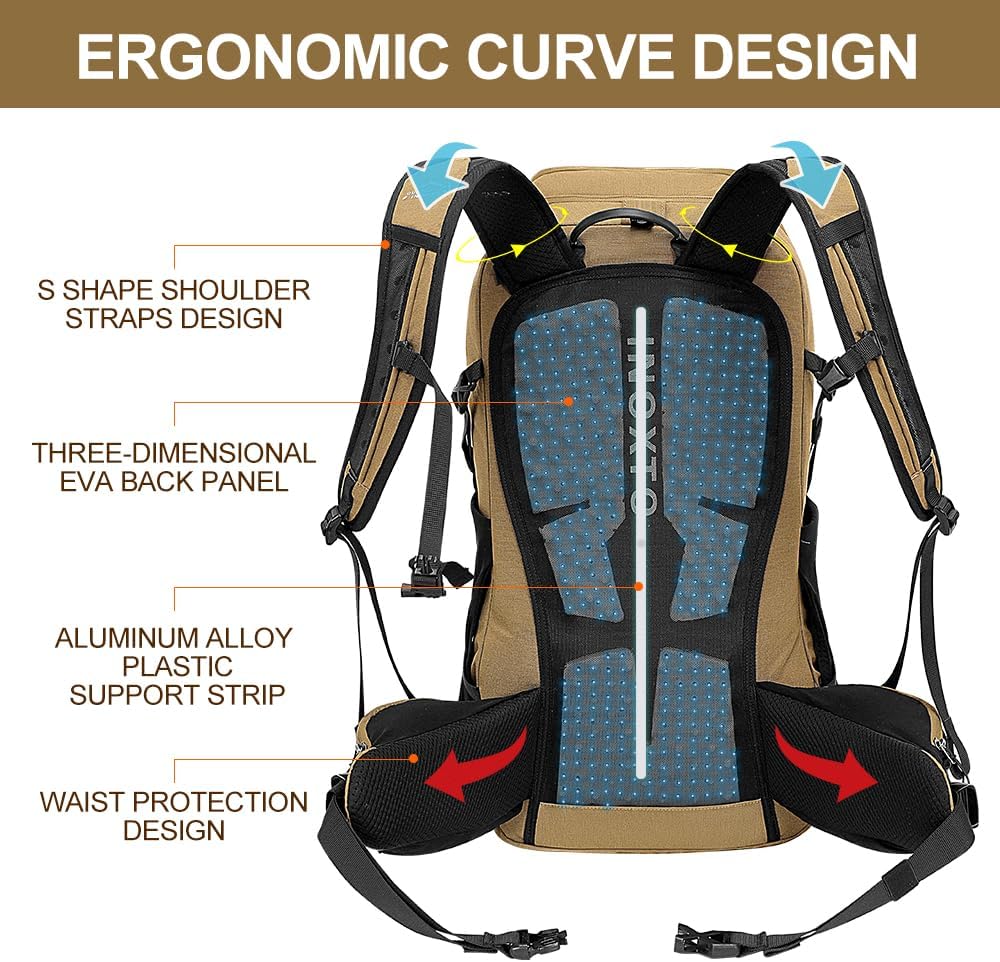 INOXTO 35L Hiking Backpack with 3Lwater bladder, Camping Backpack with Waterproof Rain Cover for Men, Outdoor Sport Travel Daypack for Climbing (Khaki 2)