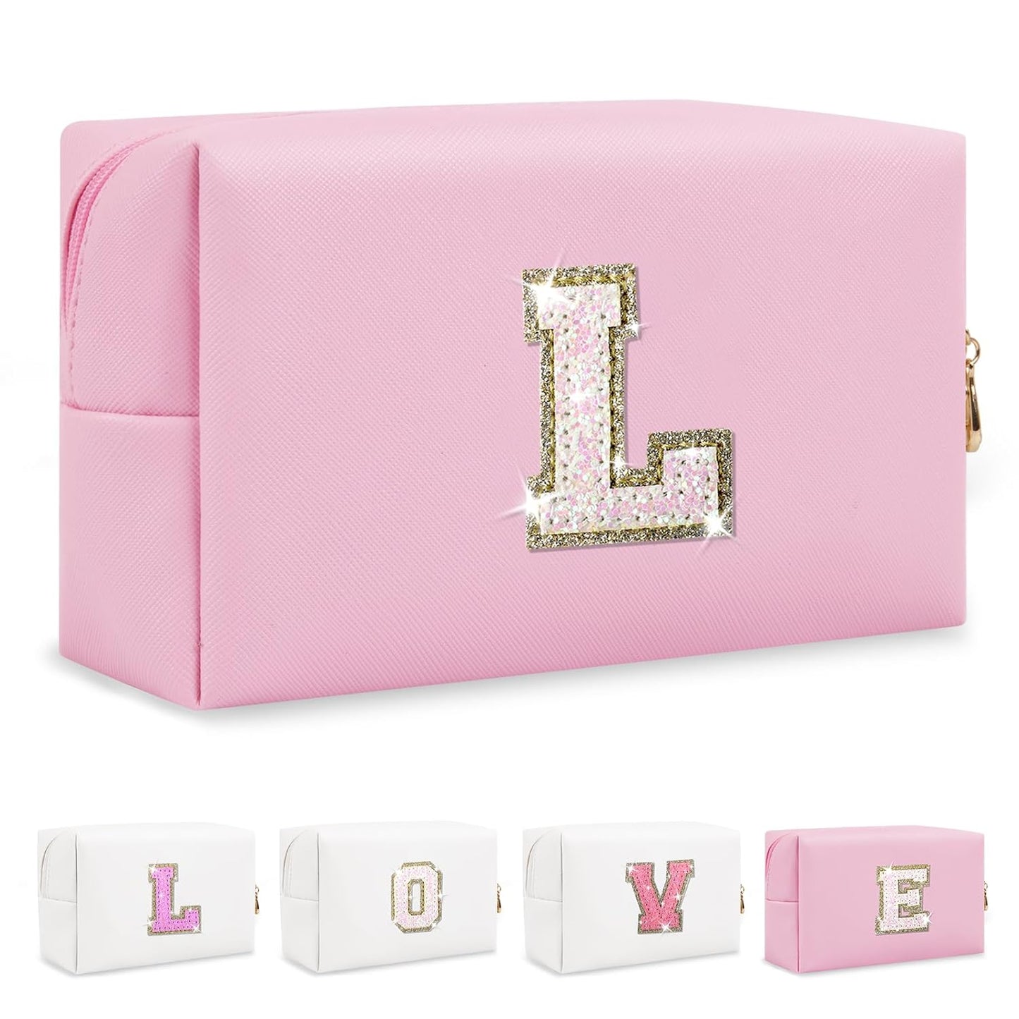 Small Personalized Initial A-Z Patch Makeup Bag,Pink Cute PU Leather Glitter Letter Cosmetic Bag for Teen Girls,Travel Toiletry Bag with Zipper,Preppy Monogrammed Birthday Gift for Daughter Niece L