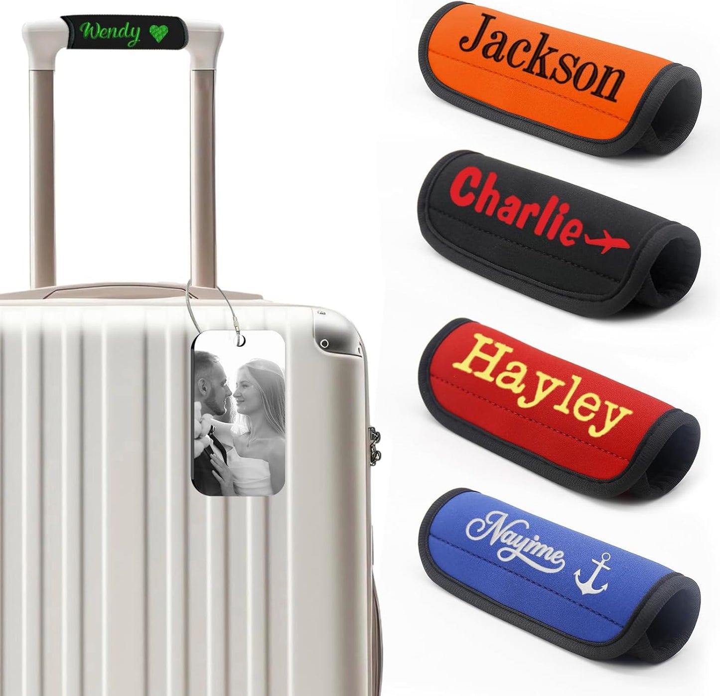 HJX Personalized Luggage Handle Wrap for Suitcase Custom Embroidered Name Handle Cover for Luggage Bag with Luggage Tag Travel Accessories (02-Text)