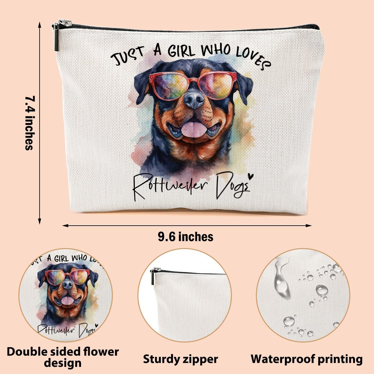 Rottweiler Gifts for Woman Makeup Bag Rottweiler Lovers Cosmetic Bag Travel Organizer Bags Makeup Pouch, Christmas Birthday Friendship Animal Lovers Gifts for Women Girls Sisters
