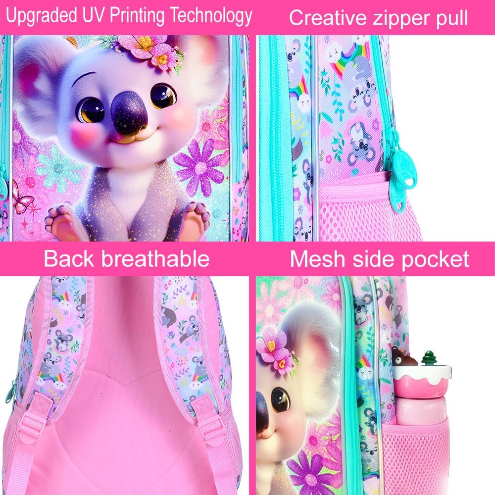 3PCS Girls Koala Backpack, Water Resistant Kids Bookbag with Lunch Box, 16" Preschool Backpacks for Elementary - Koala Pink
