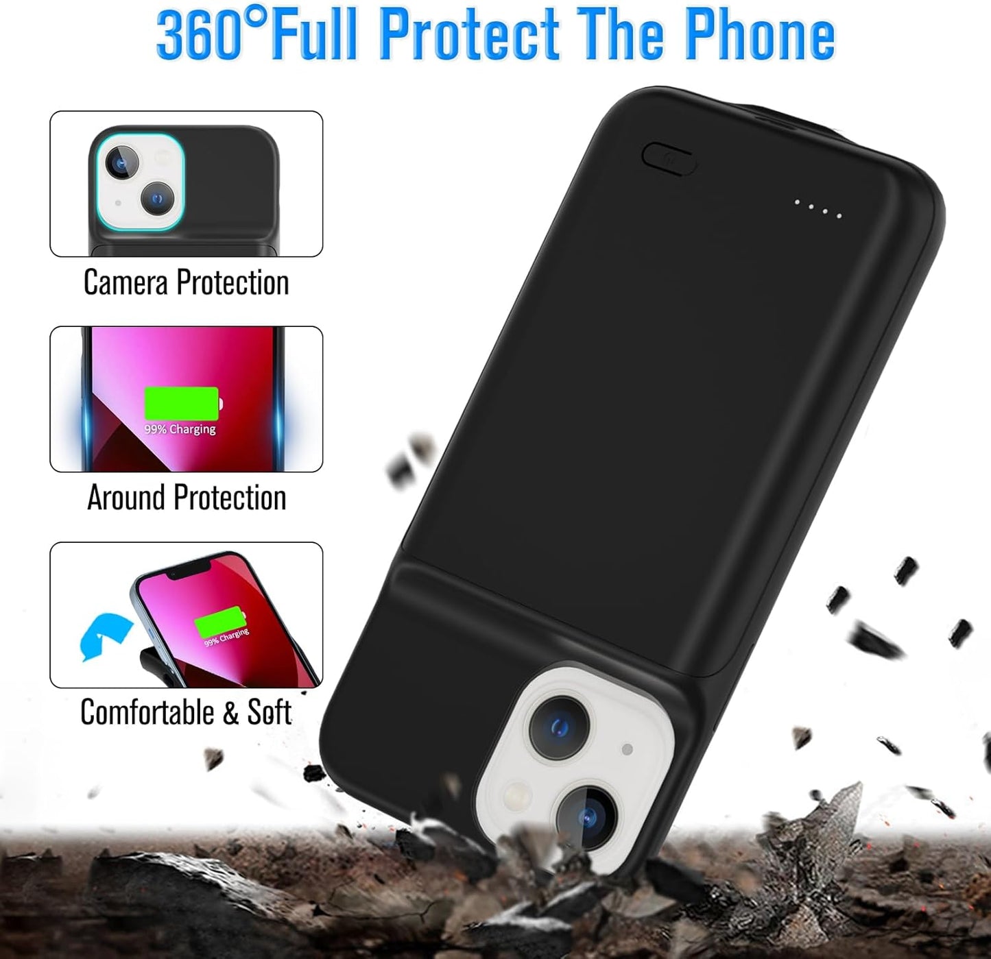 Gladgogo Charging Case for iPhone 13, Real 6000mAh Powerful Smart Battery Case Charger Ultra Slim Portable External Battery Pack Compatible with 13, 6.1 inch, Black