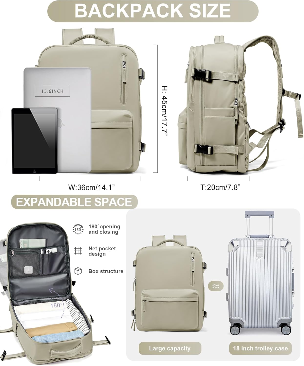 WONHOX Large Travel Backpack Carry on Flight Approved Laptop Work Business Backpack for Women Men Mochila de Viaje