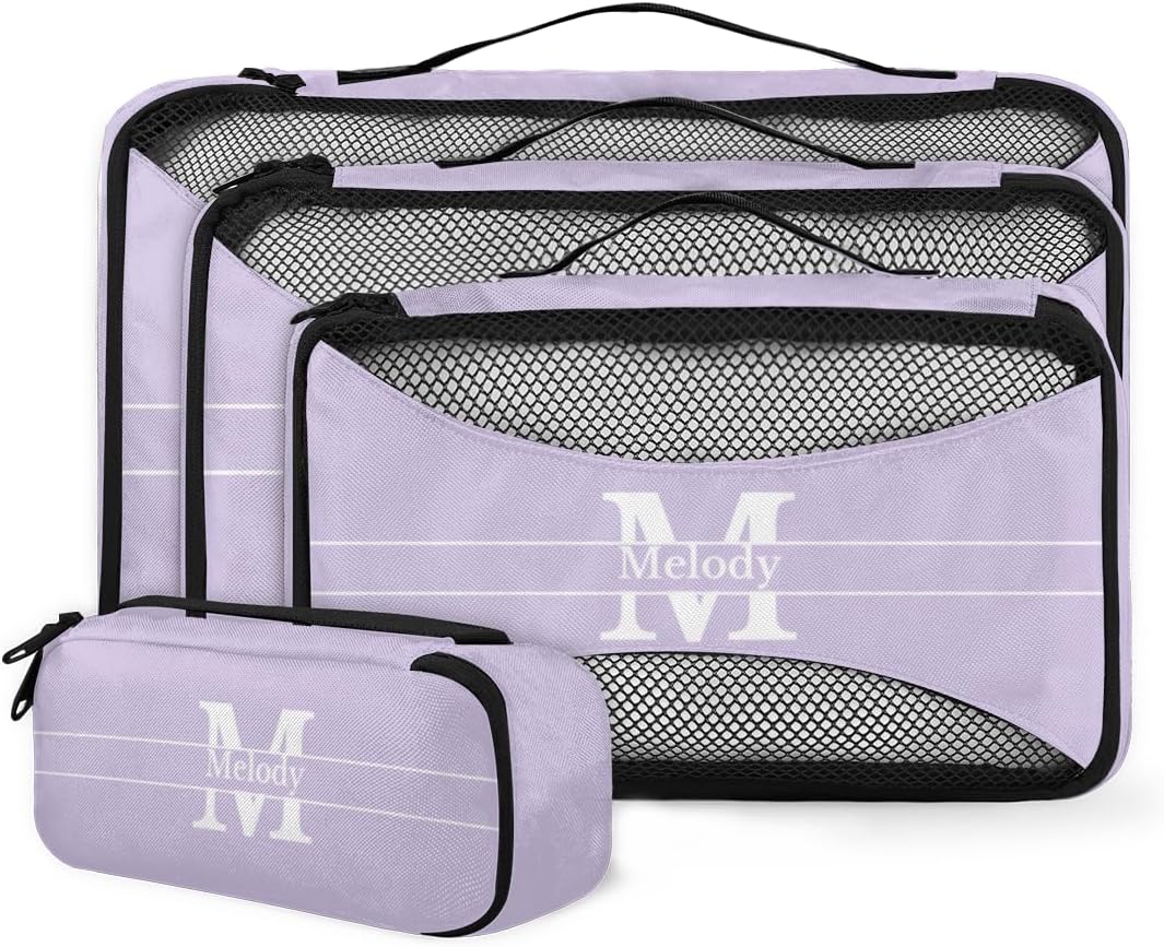 Custom Packing Cubes with Name - 4 Piece Light Purple Packing Cubes Compression Luggage Suitcase Organizer Set with Initial Letter