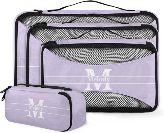 Custom Packing Cubes with Name - 4 Piece Light Purple Packing Cubes Compression Luggage Suitcase Organizer Set with Initial Letter