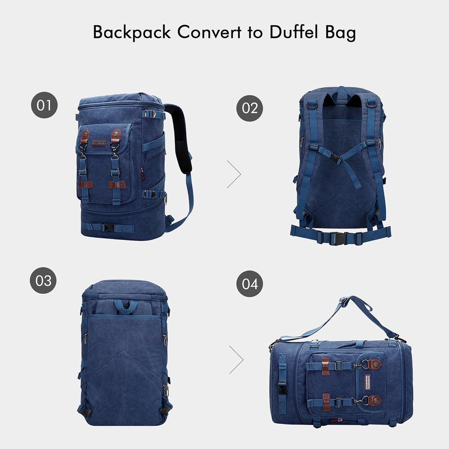 WITZMAN Travel Backpack for Men Women Canvas Backpack Carry on Luggage Rucksack Convertible Duffel Bag Large (A568 Blue)