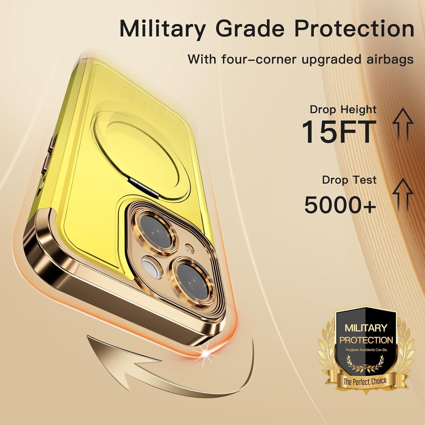 COOLQO for iPhone 13 Case 6.1'' Upgraded 360° Spin Magnetic Stand [Compatible with Magsafe][Military Protection] Plating Matte Scratch-Resistant Back Protective Shockproof Phone Case, Yellow Gold