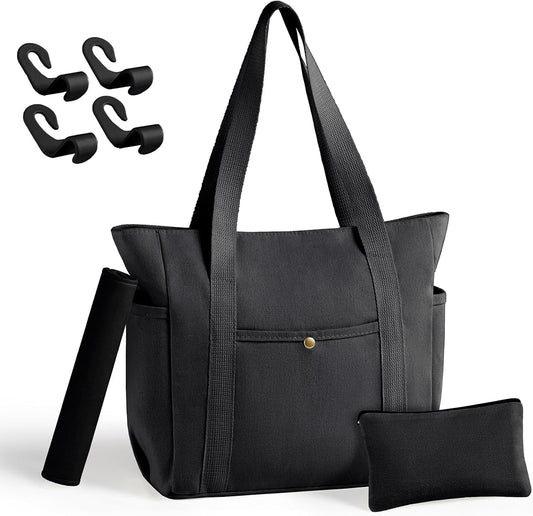 MeZQ Zippered Canvas Utility & Travel Tote Bag for Women - Multi-Pocket Compartments | car bag hooks,makeup bag,car hooks