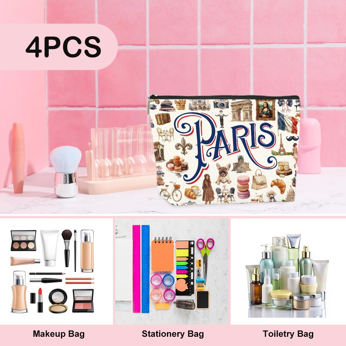 4PCS Paris Souvenirs from France Paris Gifts Makeup Bag Cosmetic Bag for Women Friend Lady Sister Bestie Paris Travel Lover Weekend Bag Vacation Christmas Birthday Friendship