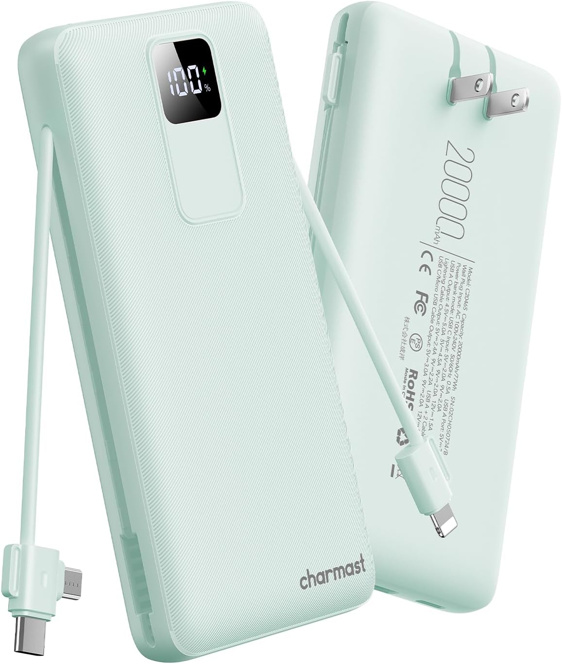 Charmast Portable Charger with Built-in Cables and Wall Plug, 20000mAh 20W USB C Power Bank Fast Charging Battery Pack Compatible with iPhone iPhone 16/15/14/13 Series, Samsung Google iPad etc