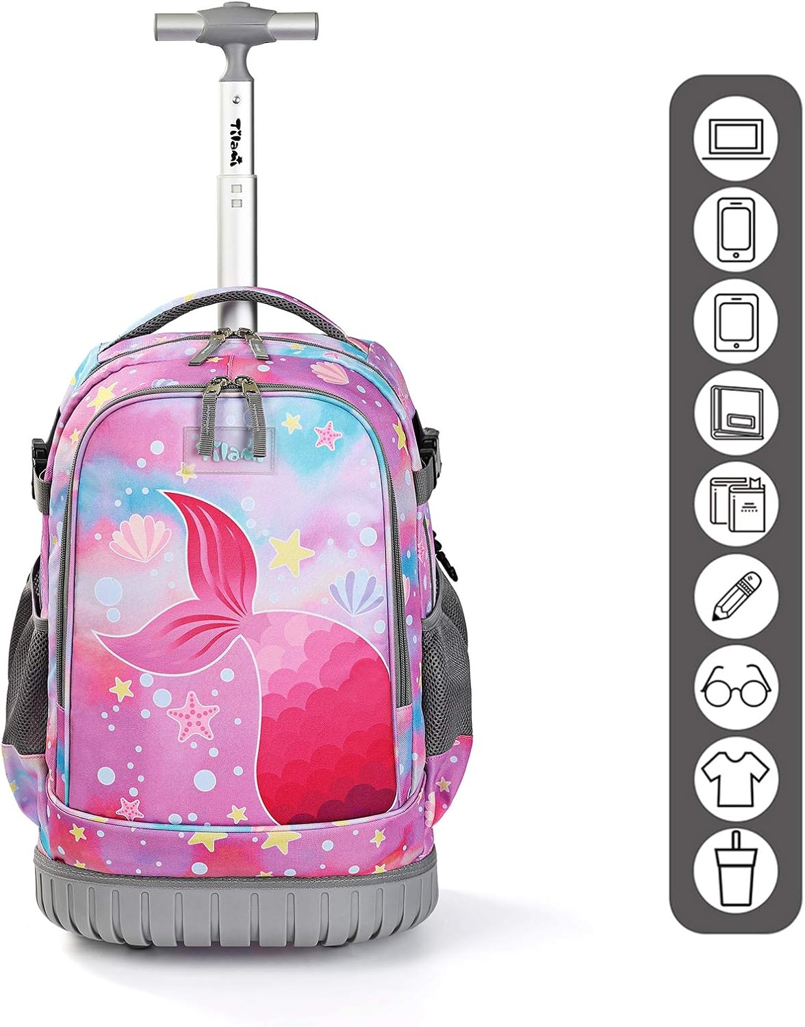 Tilami Rolling Backpack 19 inch Wheeled Cute LAPTOP Boys Girls Travel School Student Trip，Beautiful Tail