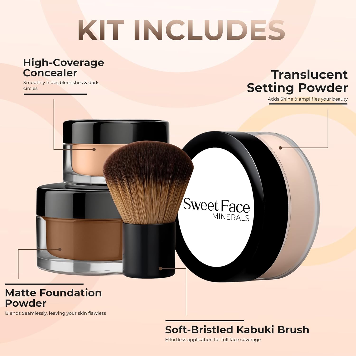 4pc Full Size Kit (Ebony Shade) Mineral Makeup Matte Translucent Loose Foundation + Kabuki Brush +
