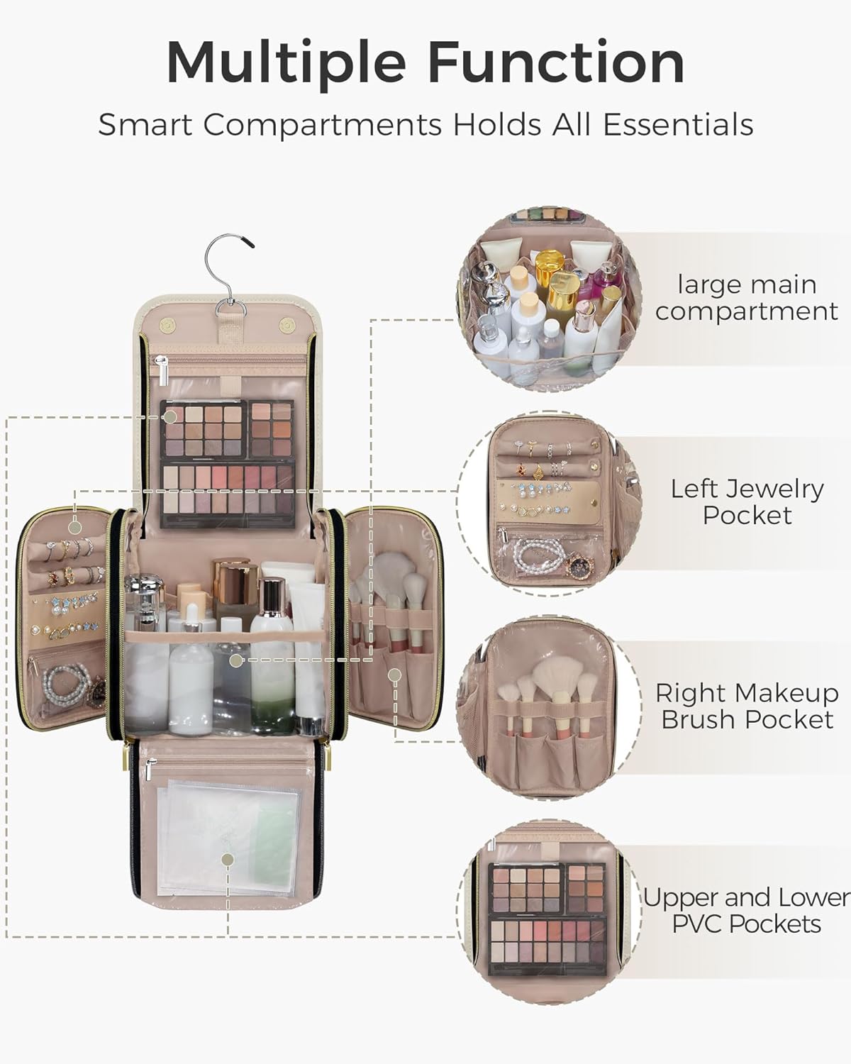 Hanging Toiletry Bag, PU Leather Makeup Bag Large Capacity with Jewelry Organizer for Brushes Set