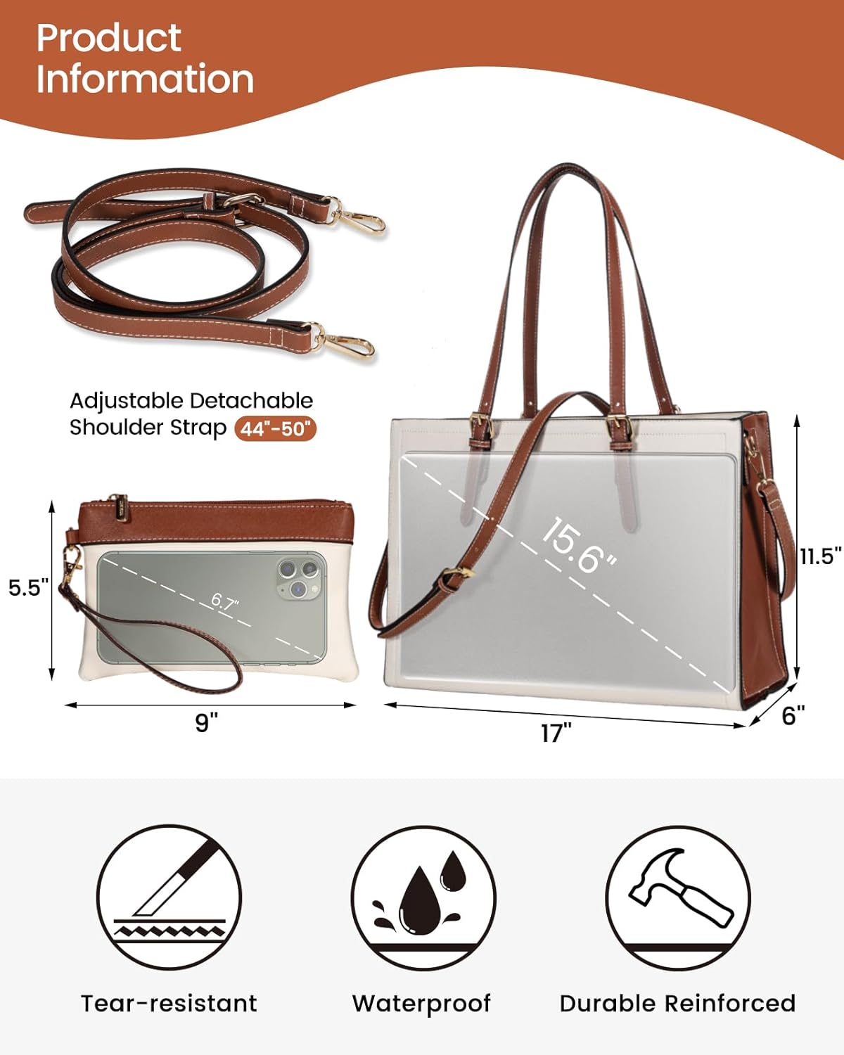 LOVEVOOK 15.6 Inch Laptop Bag for women, Large Waterproof PU Leather Work Briefcase with USB