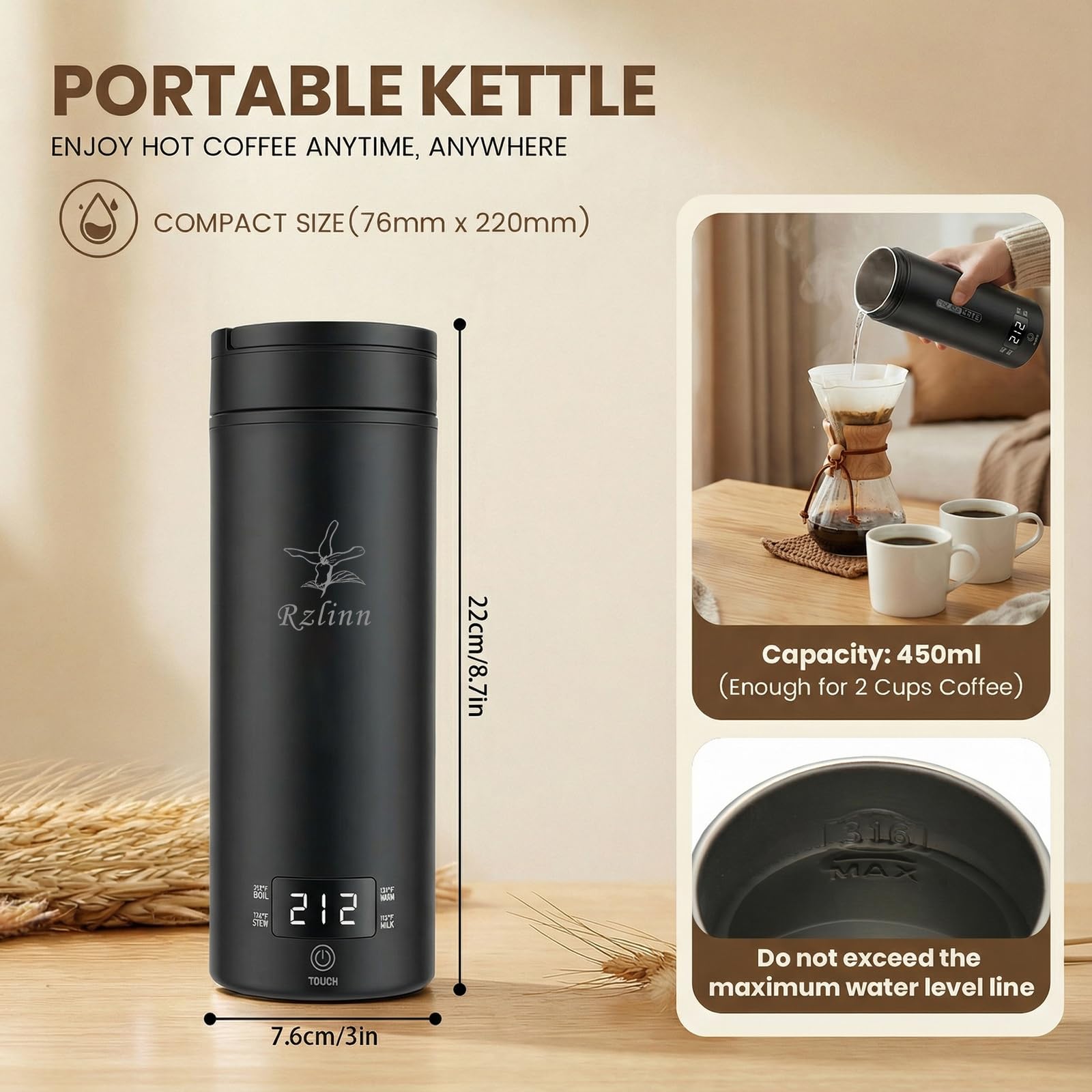 Rzlinn Portable Electric Kettle （120V）, Travel Tea Kettle, 316 Stainless Steel Premium Liner