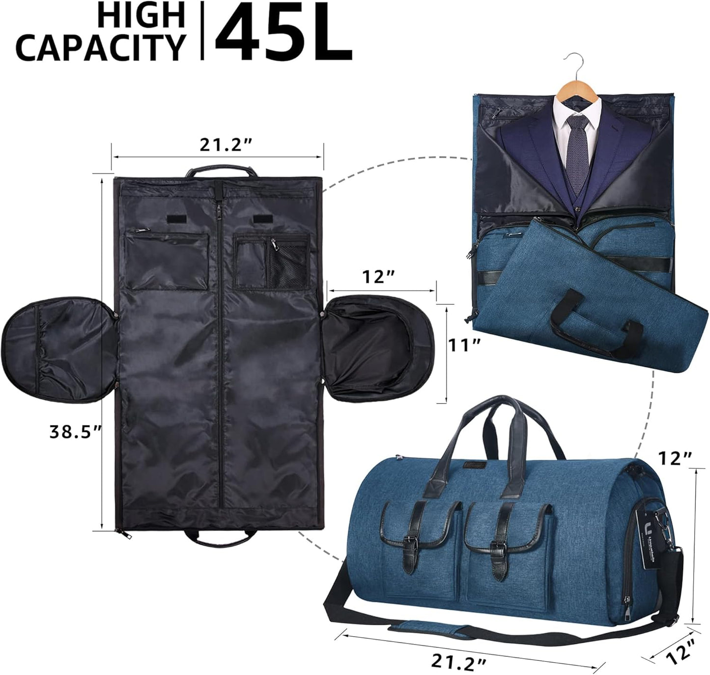 Unique Bella Carry-On Garment Bag Large Duffel Bag for Travel Weekend Flight with Shoes and Clothes in Blue