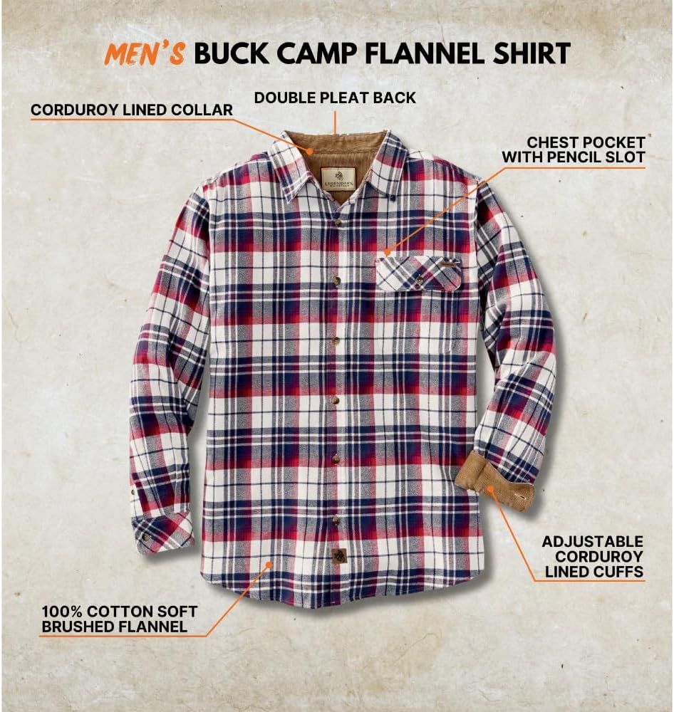 Legendary Whitetails Men's Flannel Shirt Long Sleeve Button Down 100% Cotton