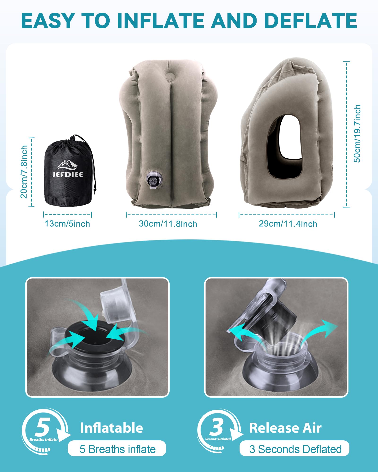 JefDiee Inflatable Travel Pillow, Airplane Neck Pillow Comfortably Supports Head and Chin for