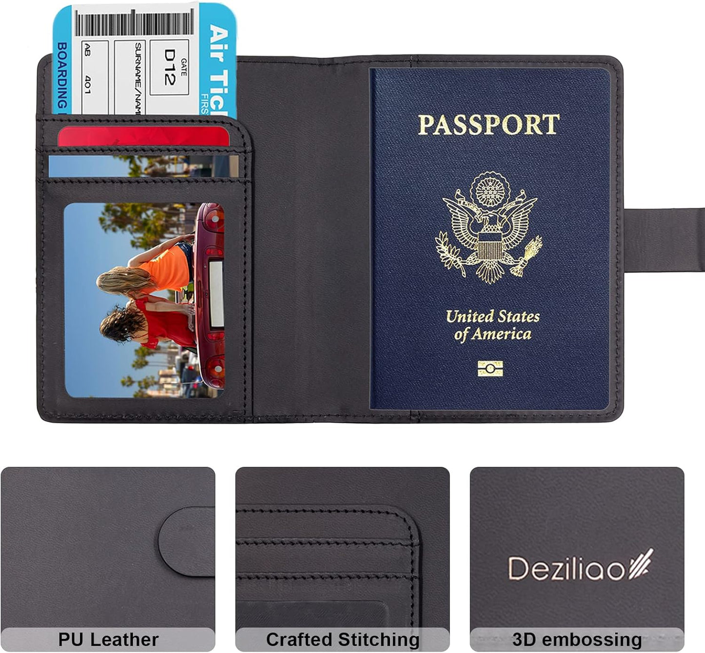 Deziliao Unisex Faux Leather Passport and Vaccine Card Holder, Black, Slim, Waterproof, Lightweight, RFID Blocking