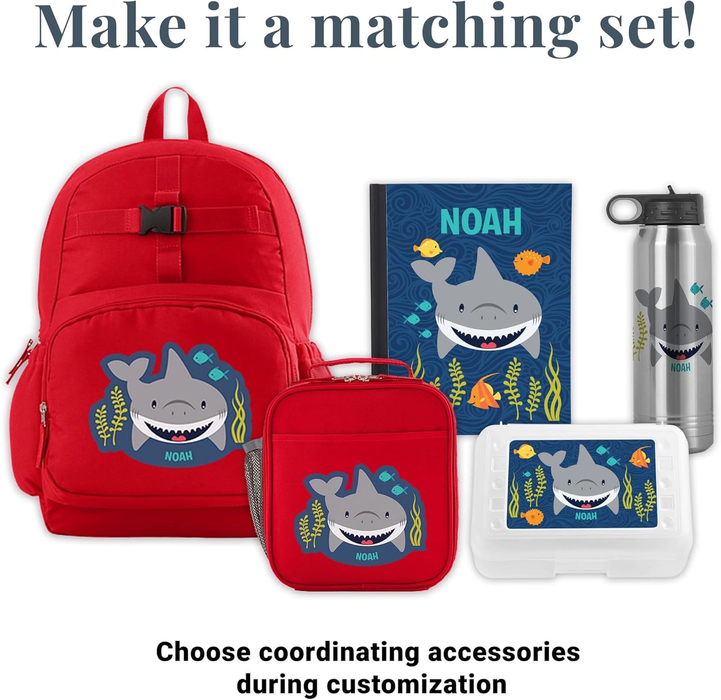 Let's Make Memories Kids Backpack for School - Personalized Back to School Supplies - Bookbag with Optional Lunch Box - Red - Shark