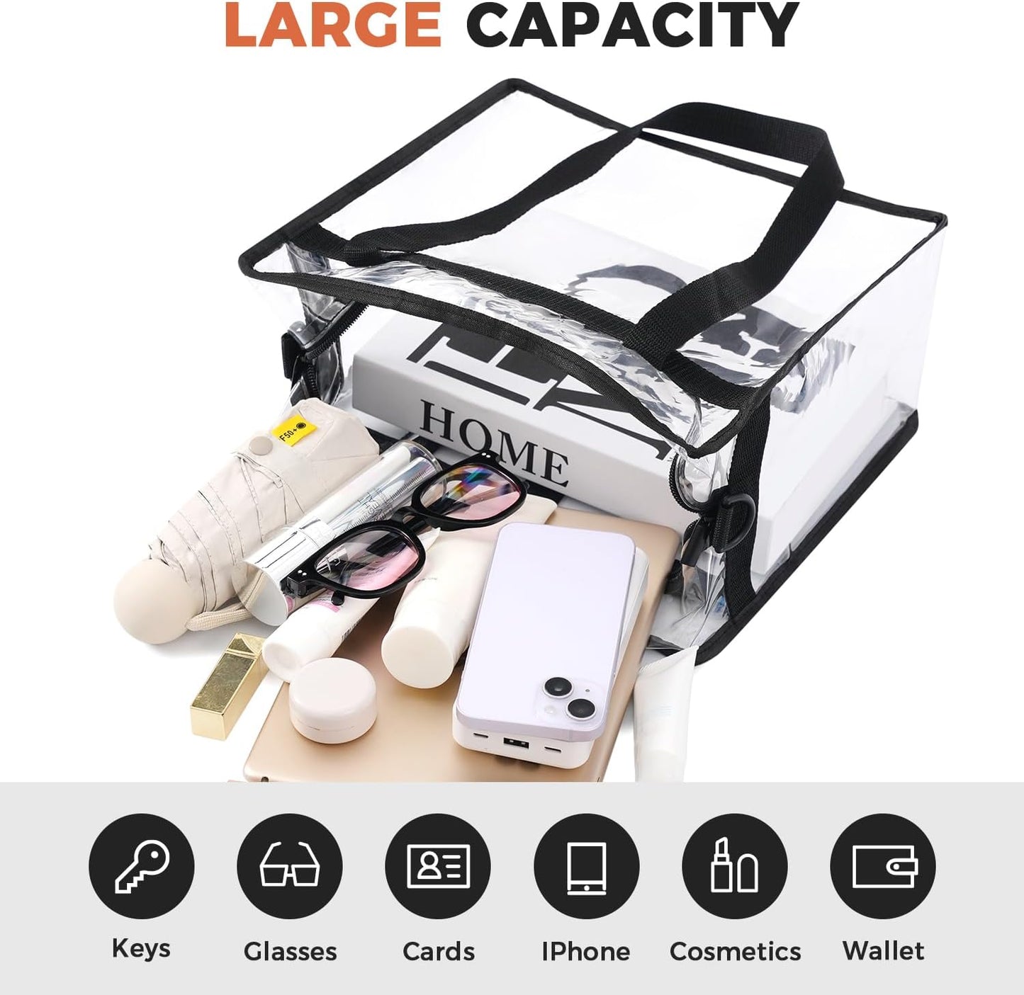 BAGAIL Clear Bags 12x6x12 Stadium Approved Clear Tote Bag with Zipper Closure Crossbody Shoulder