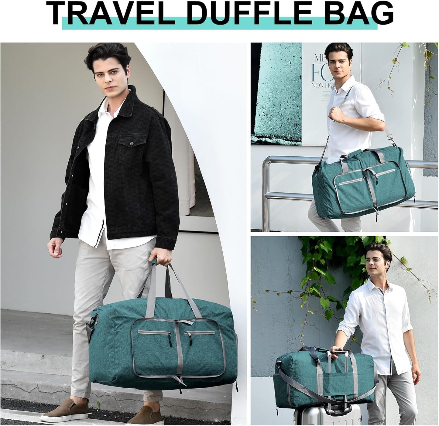 Dimayar 65L Travel Duffle Bag for Men Women - Foldable Duffel Bag with Shoes Compartment - Overnight Bags Waterproof & Tear Resistant(Green)